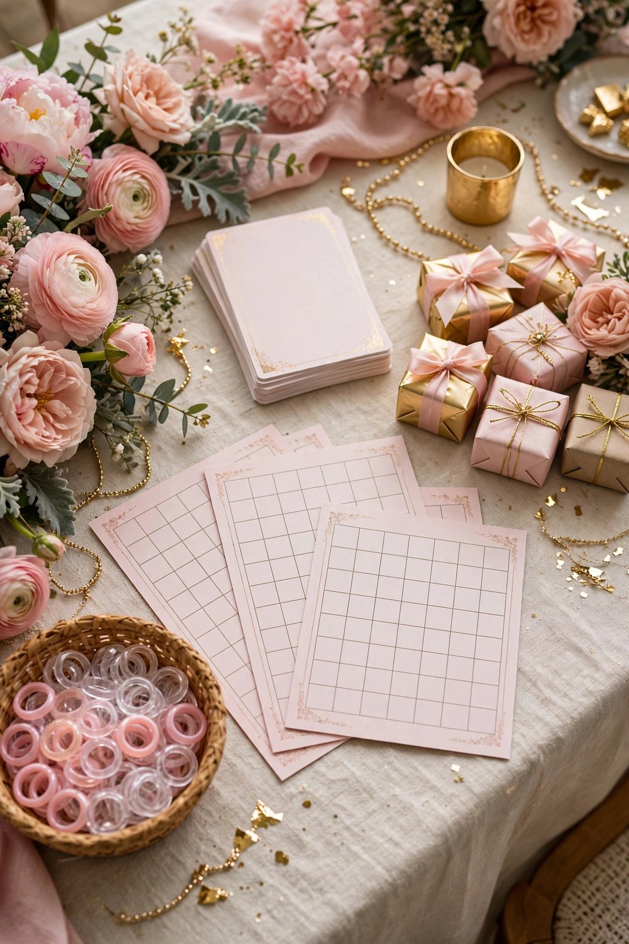 Bridal shower game station with trivia cards, prizes and decorations