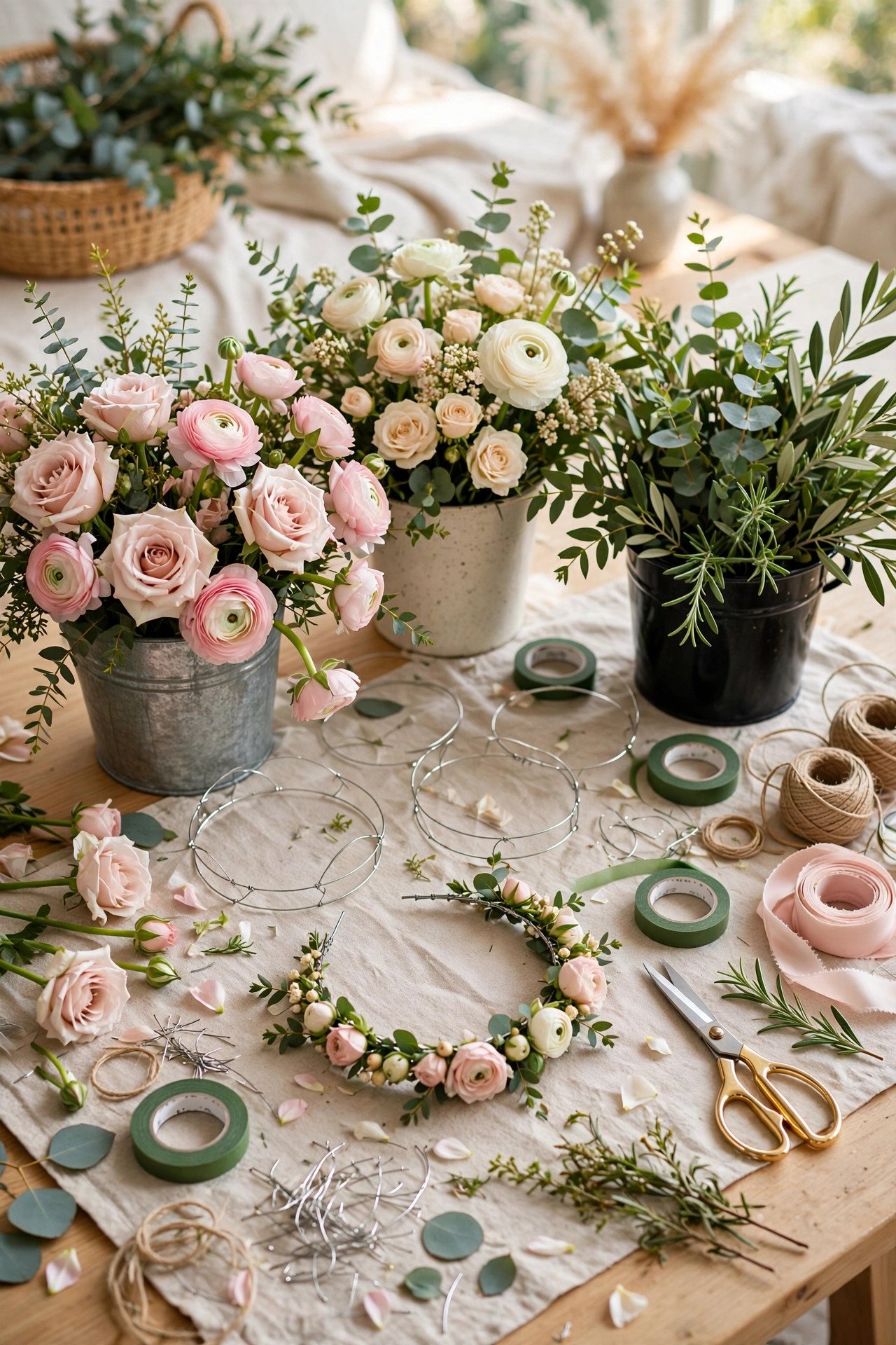 Bridal shower DIY craft corner with flower crown supplies on a table