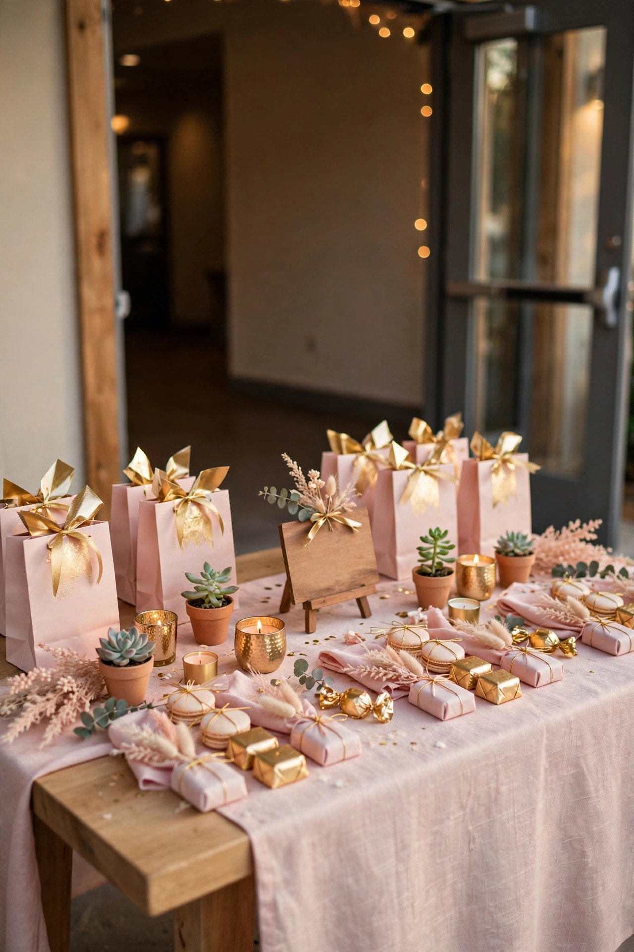 Bridal shower favor table with small gift bags, candles and sweet treats