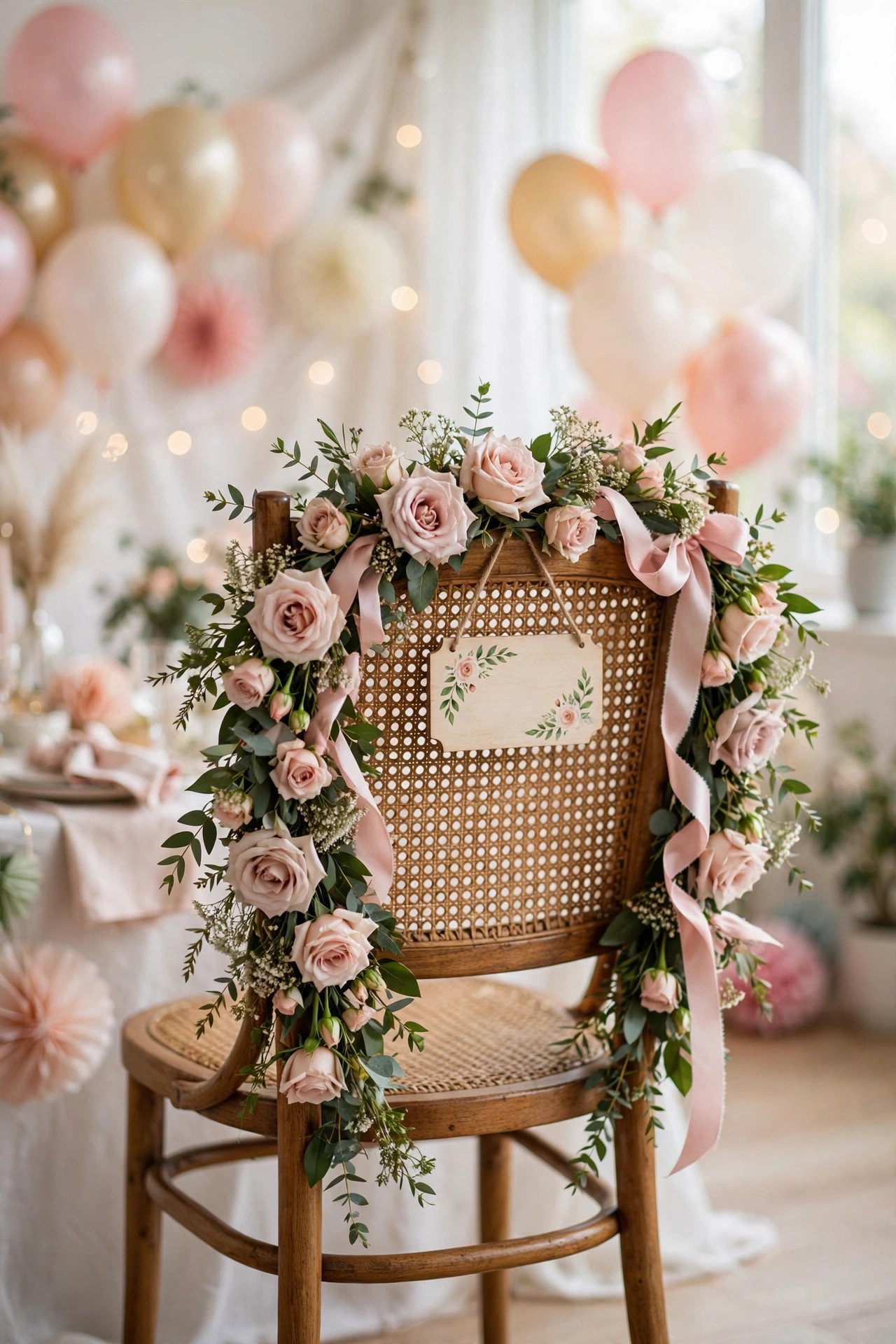 Decorated bride's chair at a bridal shower with floral garland and a bride-to-be sign