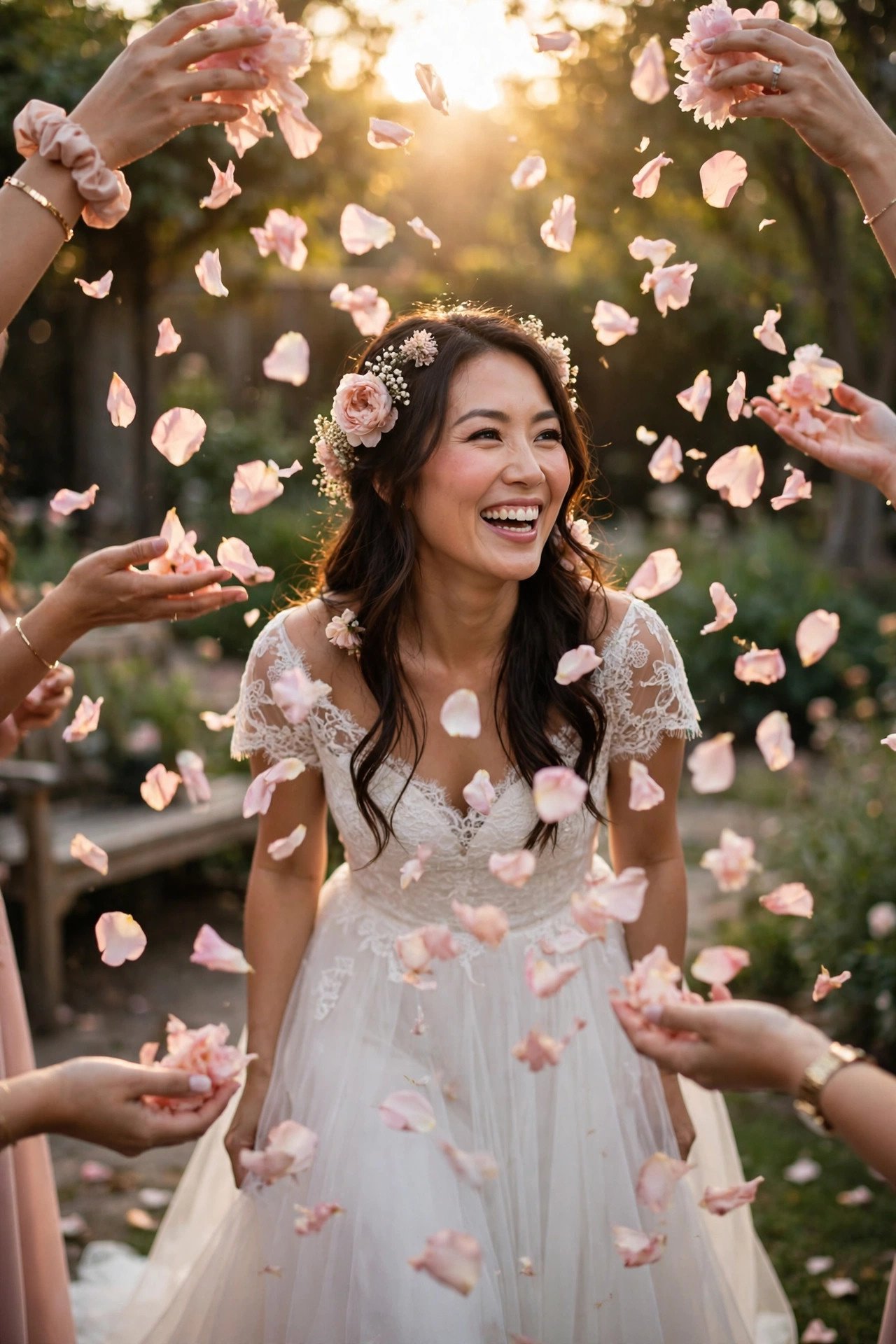 Bridal shower send-off with guests tossing flower petals as the bride leaves