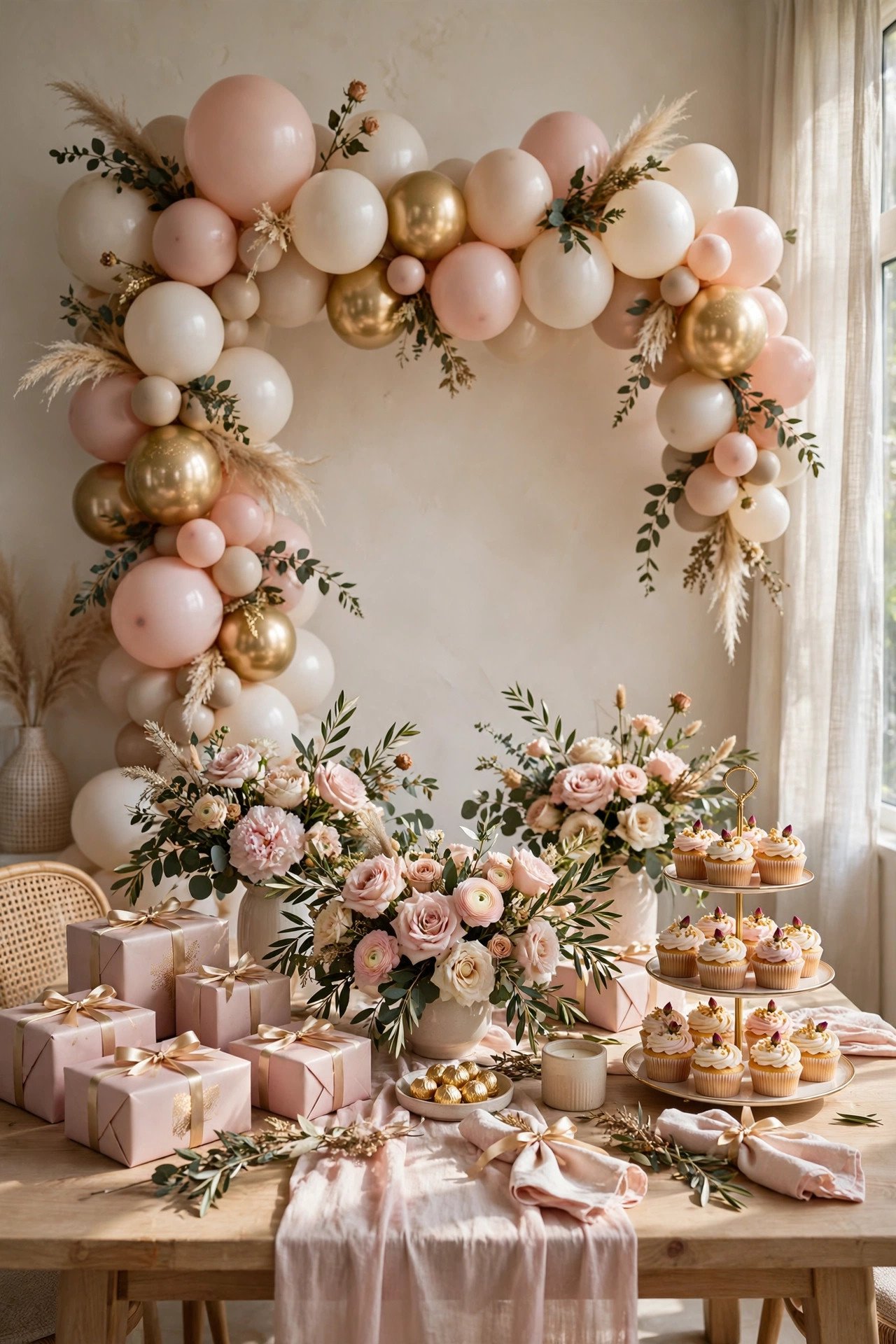 Beautiful bridal shower party setup with a balloon garland, blush florals and a decorated gift table