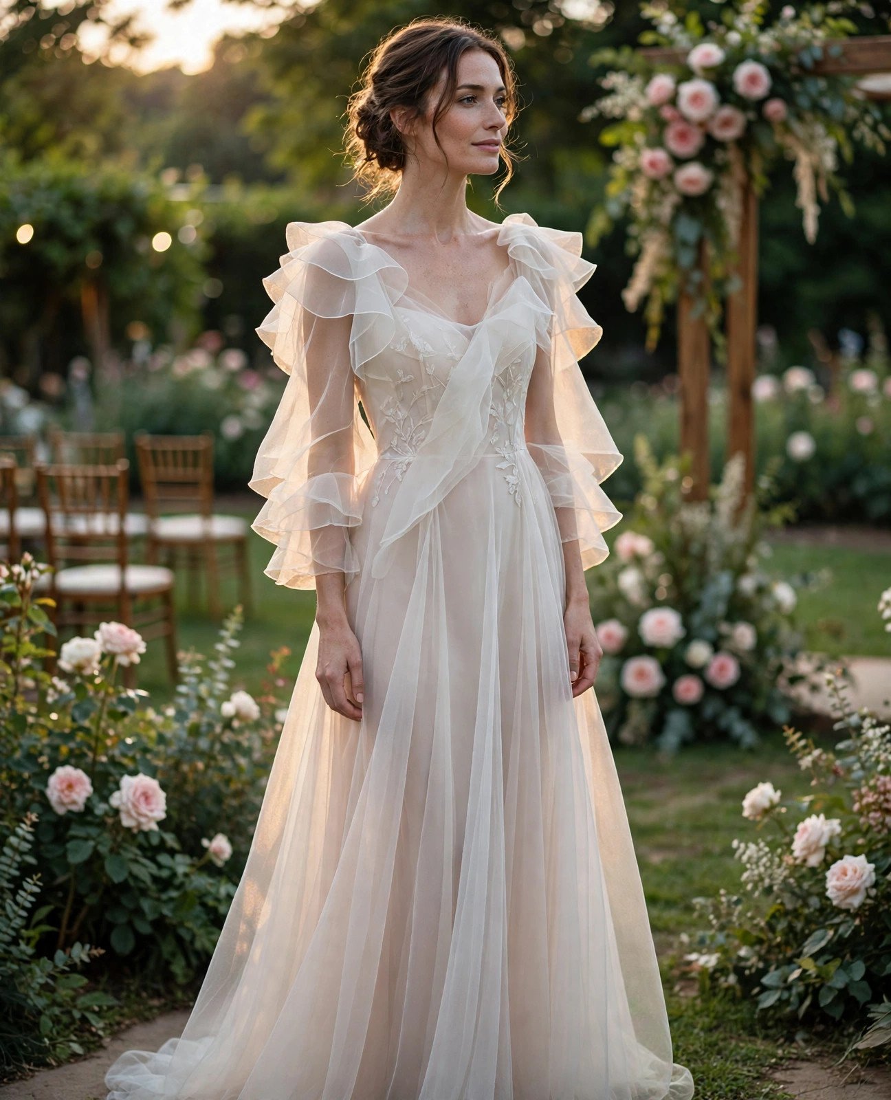 Elegant guest wearing a dress with sheer organza layered sleeves and skirt at a garden wedding