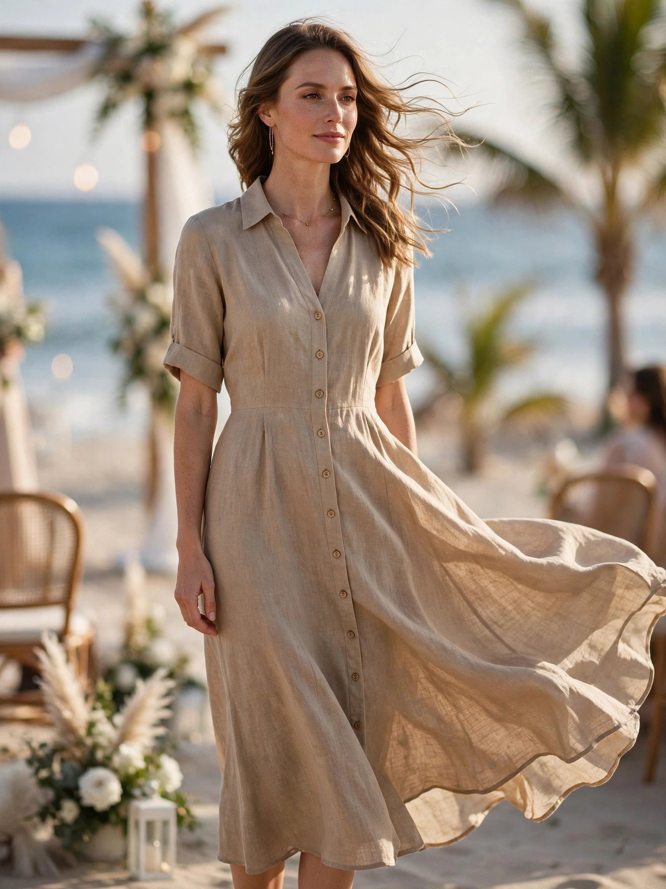 Woman wearing a breezy natural linen midi dress at a beach wedding ceremony