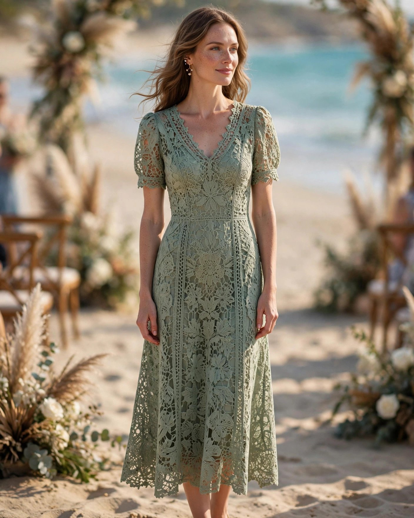 Romantic wedding guest wearing a sage green crochet and eyelet summer dress at a beach wedding