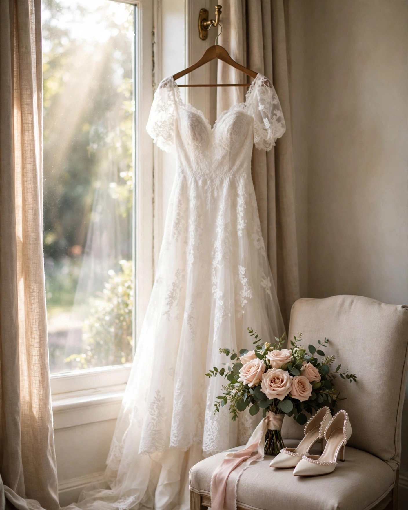 Wedding dress hanging by a bright window with bridal shoes and bouquet in a getting-ready suite