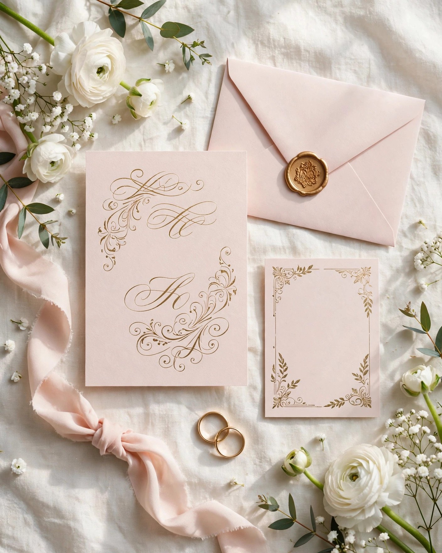 Elegant flat-lay of a wedding invitation suite with rings and soft flowers on linen