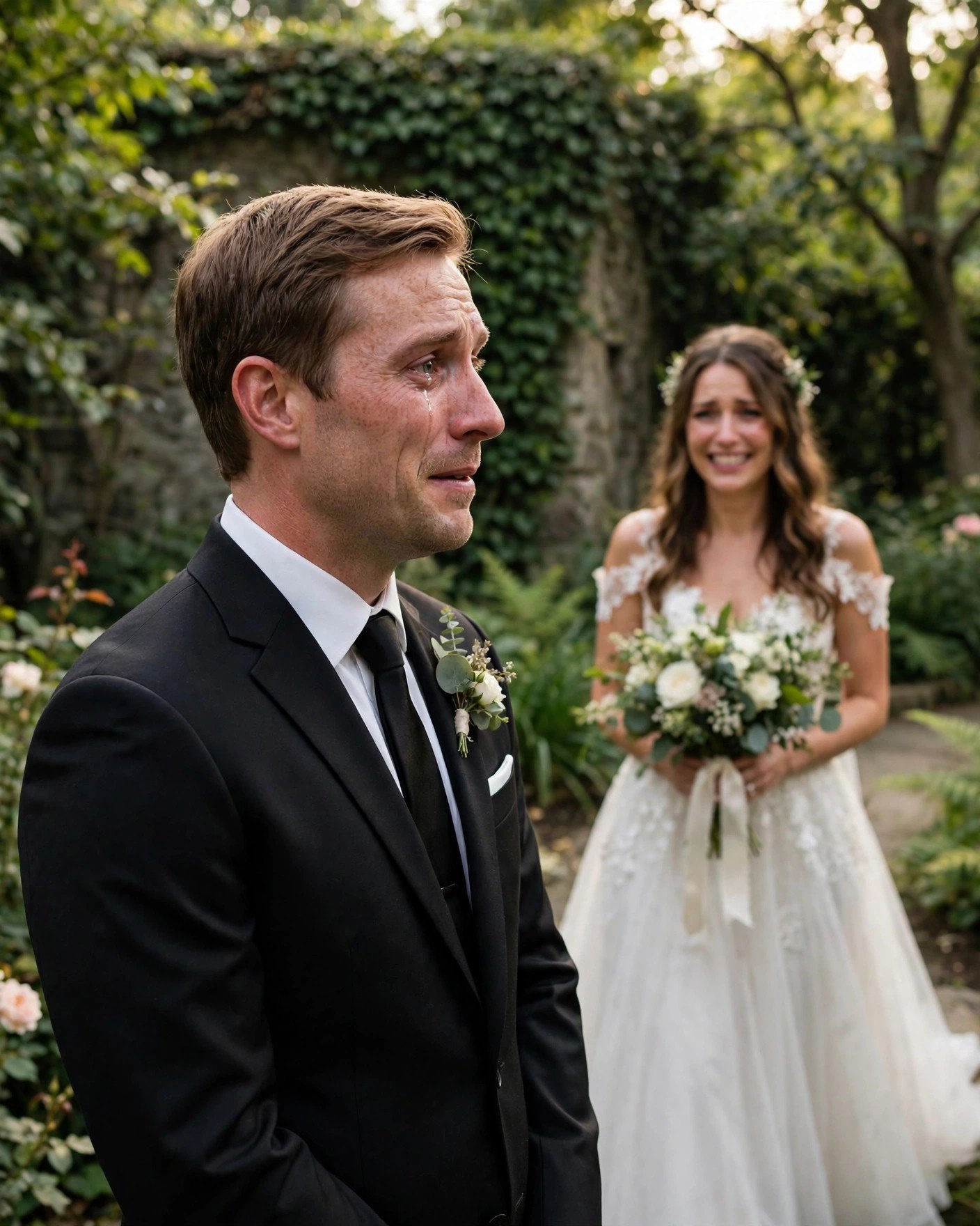 Emotional first look moment as a groom turns to see his bride in a garden