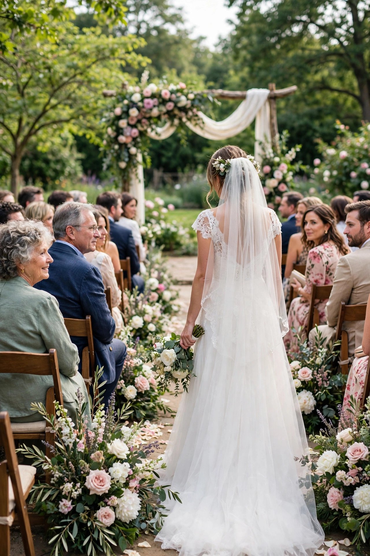 Bride walking down a flower-lined wedding aisle toward the ceremony altar