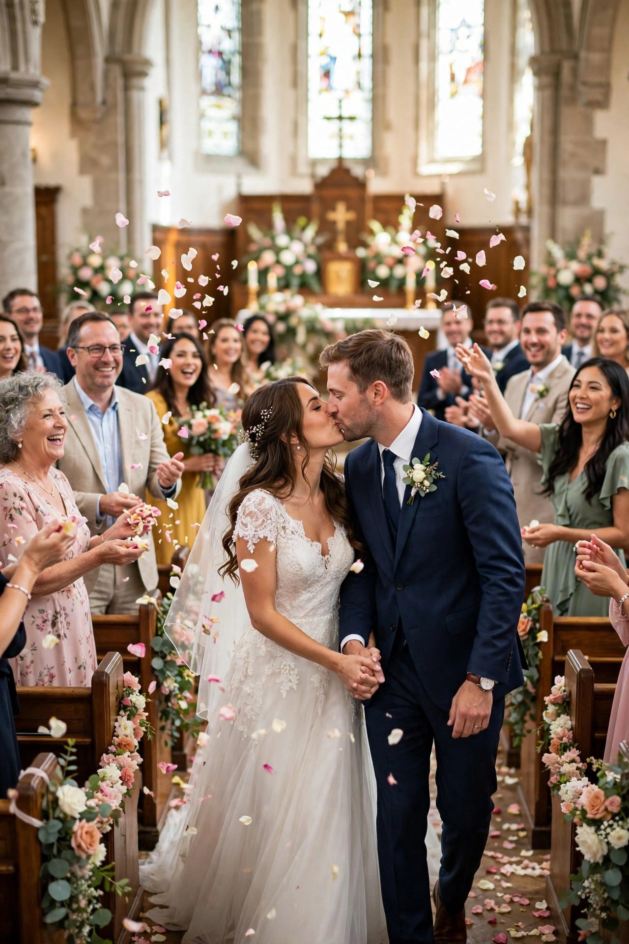 Newlywed couple sharing their first kiss at the altar then walking down the aisle as guests toss petals