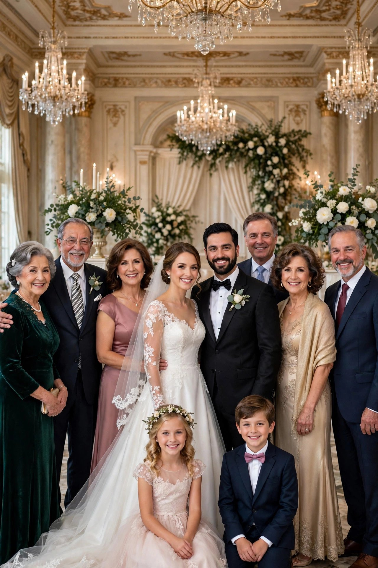 Happy multi-generational family group portrait after a wedding ceremony in a garden