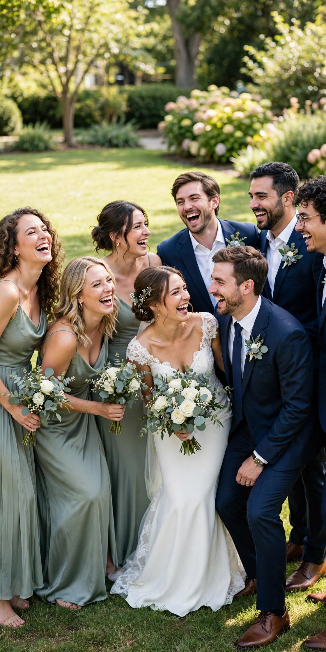Bridal party laughing together in a candid group photo at a wedding
