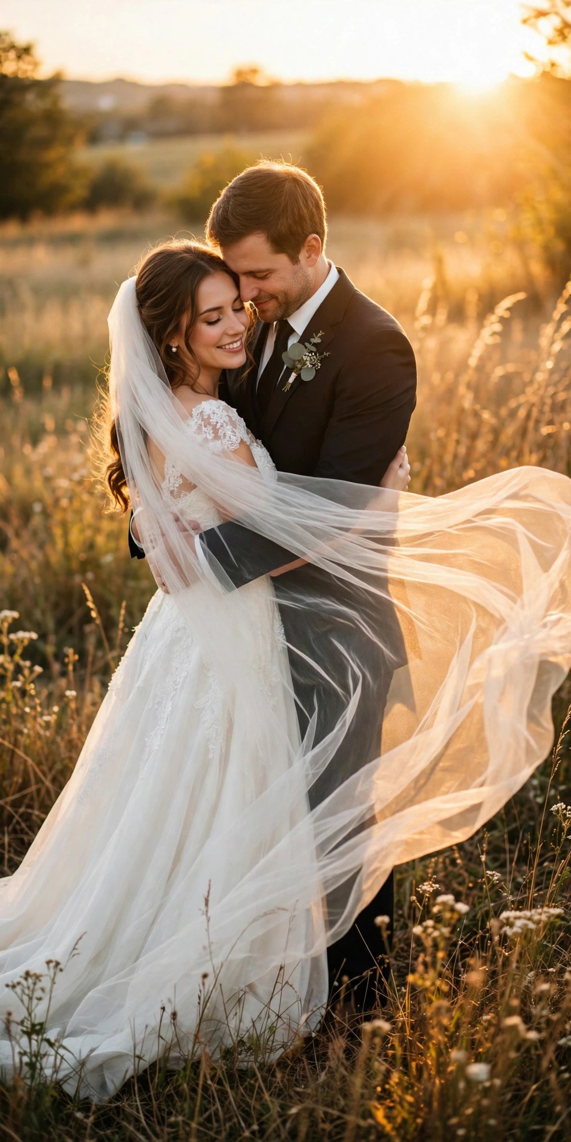 Romantic backlit wedding couple portrait at golden hour in a field