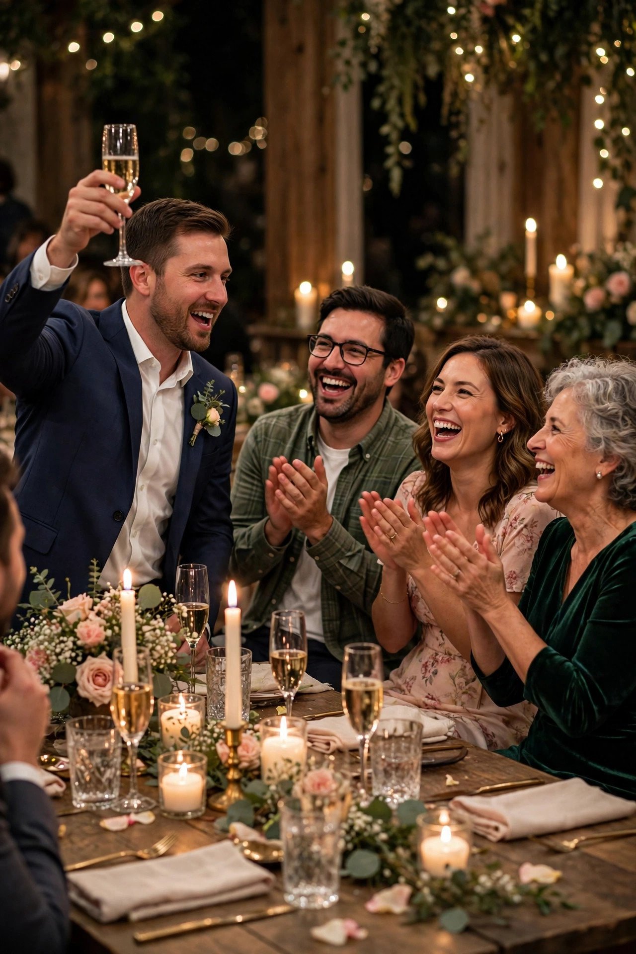 Emotional wedding toast with guests laughing and crying at a candlelit reception