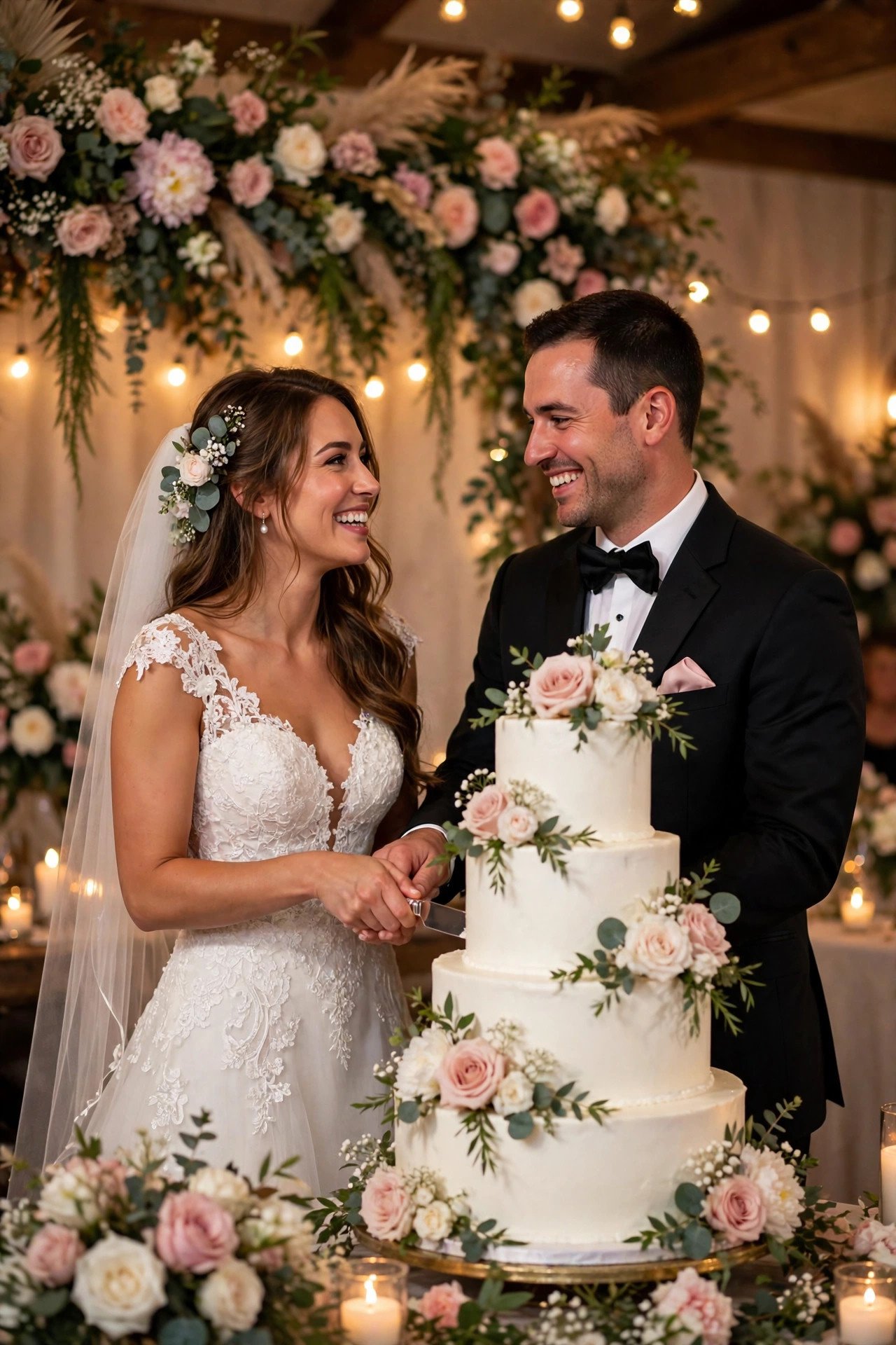 Newlywed couple cutting their wedding cake together at the reception