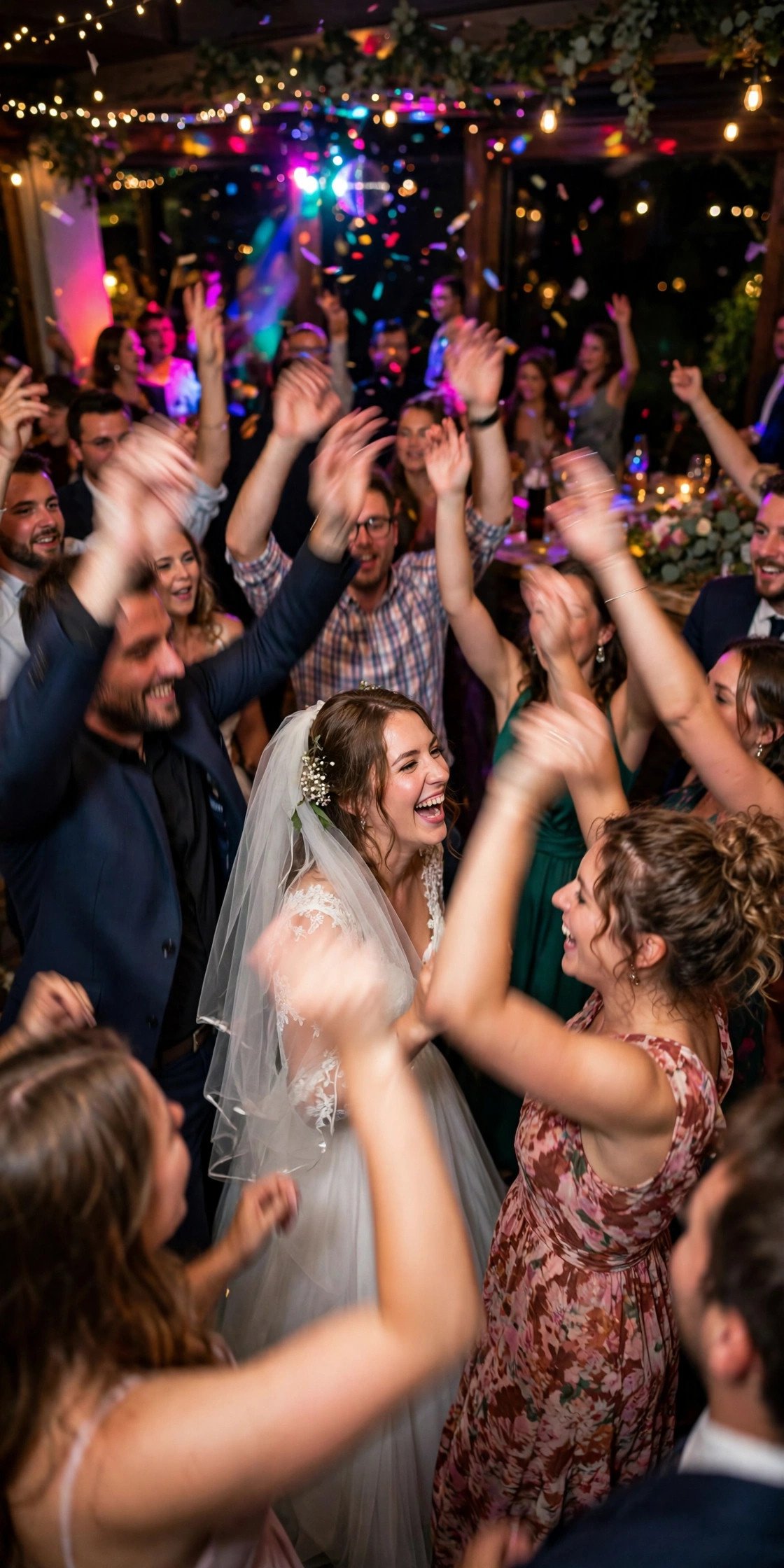 Joyful candid moment on a packed wedding dance floor with guests dancing