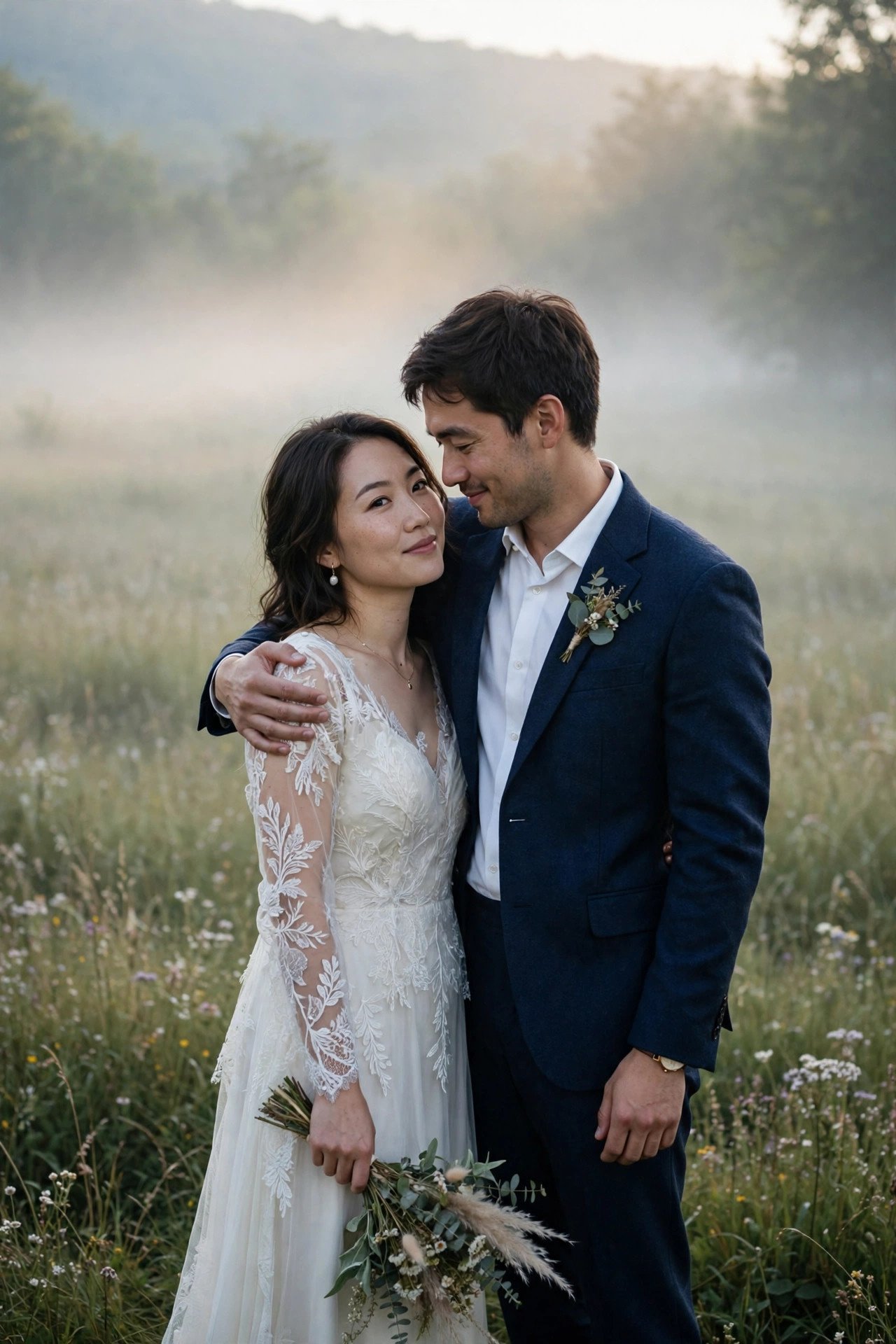 Newlywed couple in wedding attire at a scenic mountain location for a day-after photo session