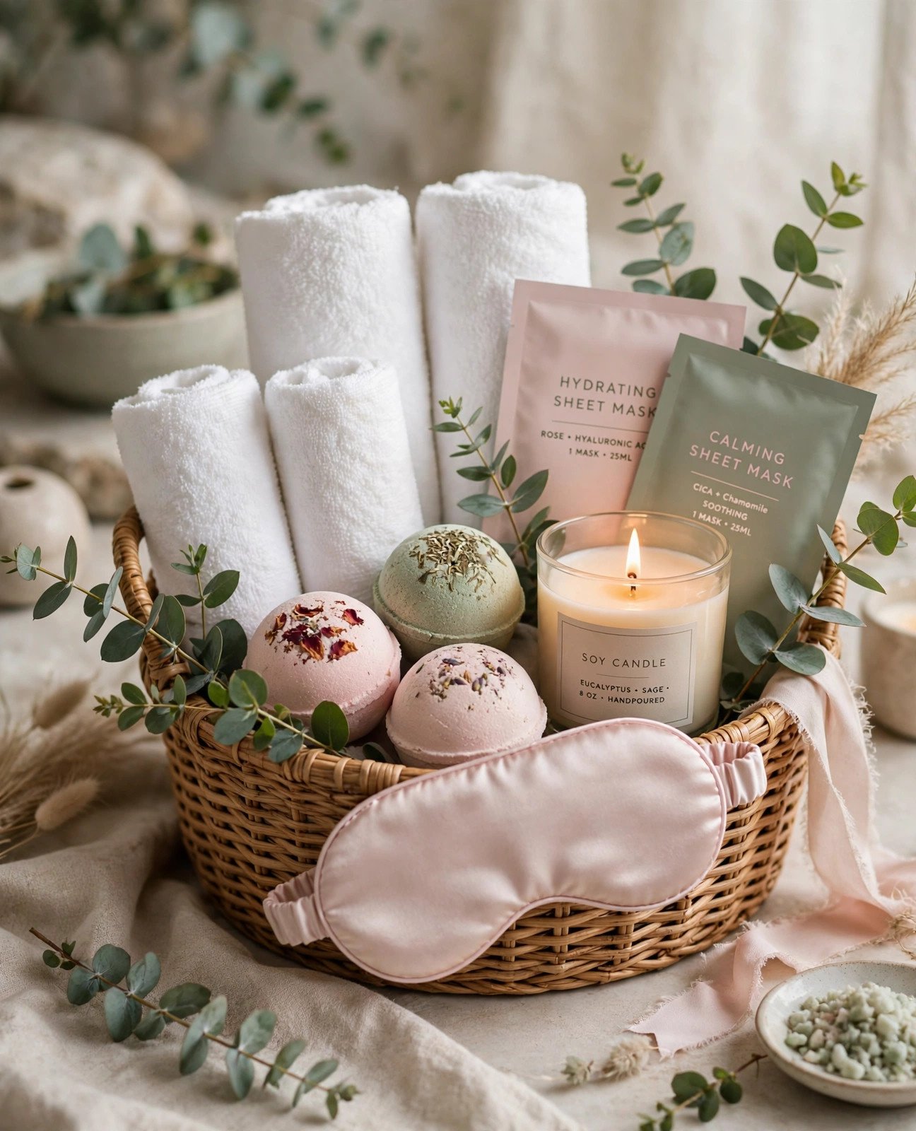Spa day bridal shower gift basket with bath bombs, candle, rolled towels and eucalyptus