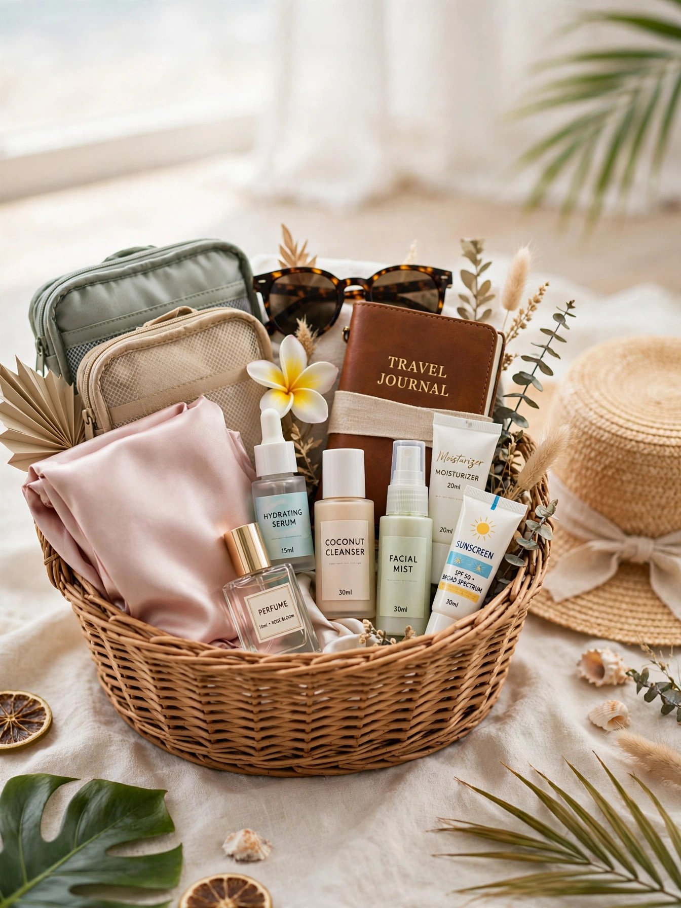 Honeymoon essentials bridal shower gift basket with travel skincare, silk pillowcase, sunglasses and travel journal