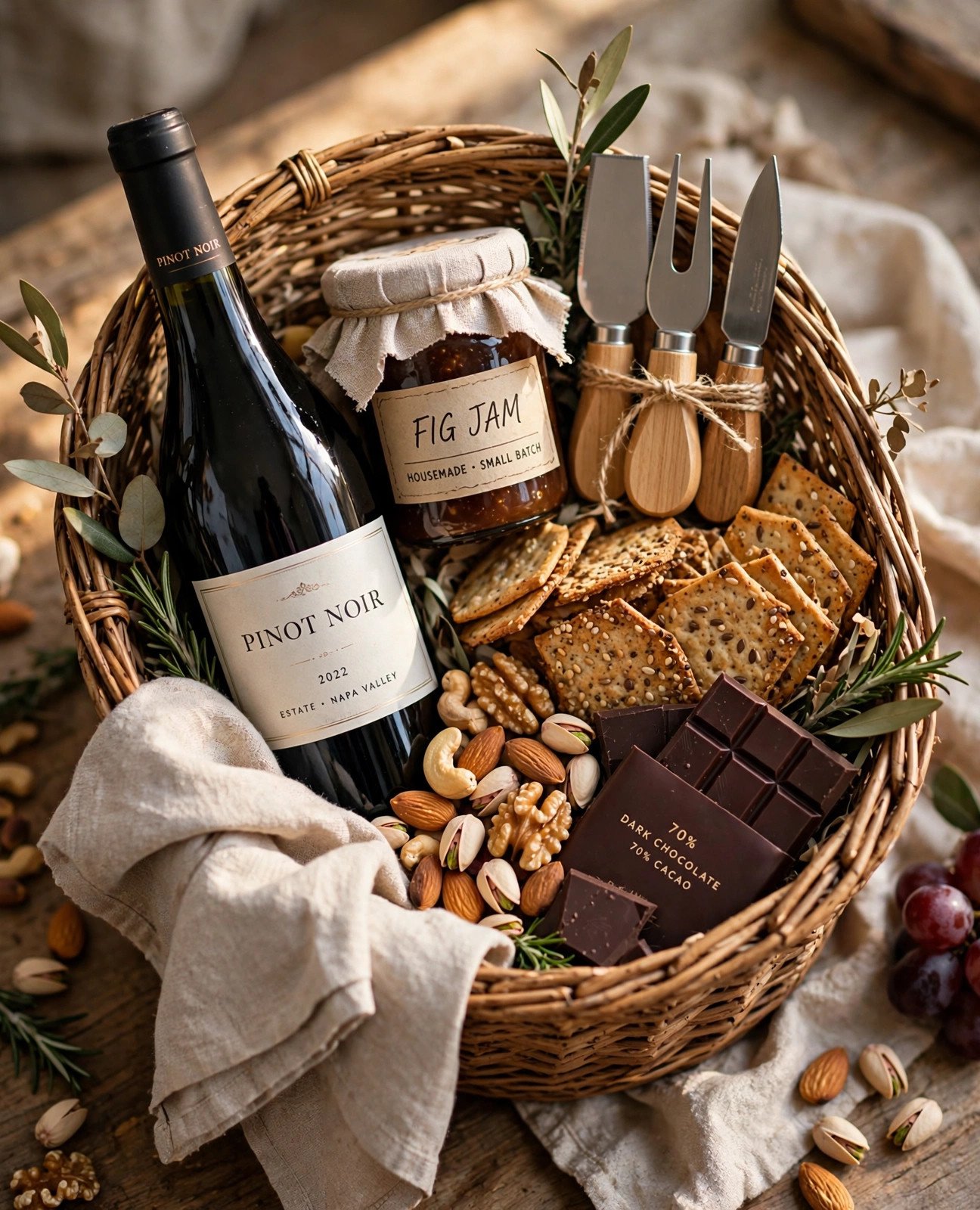 Wine and cheese bridal shower gift basket with wine bottle, crackers, cheese knives, fig jam and nuts