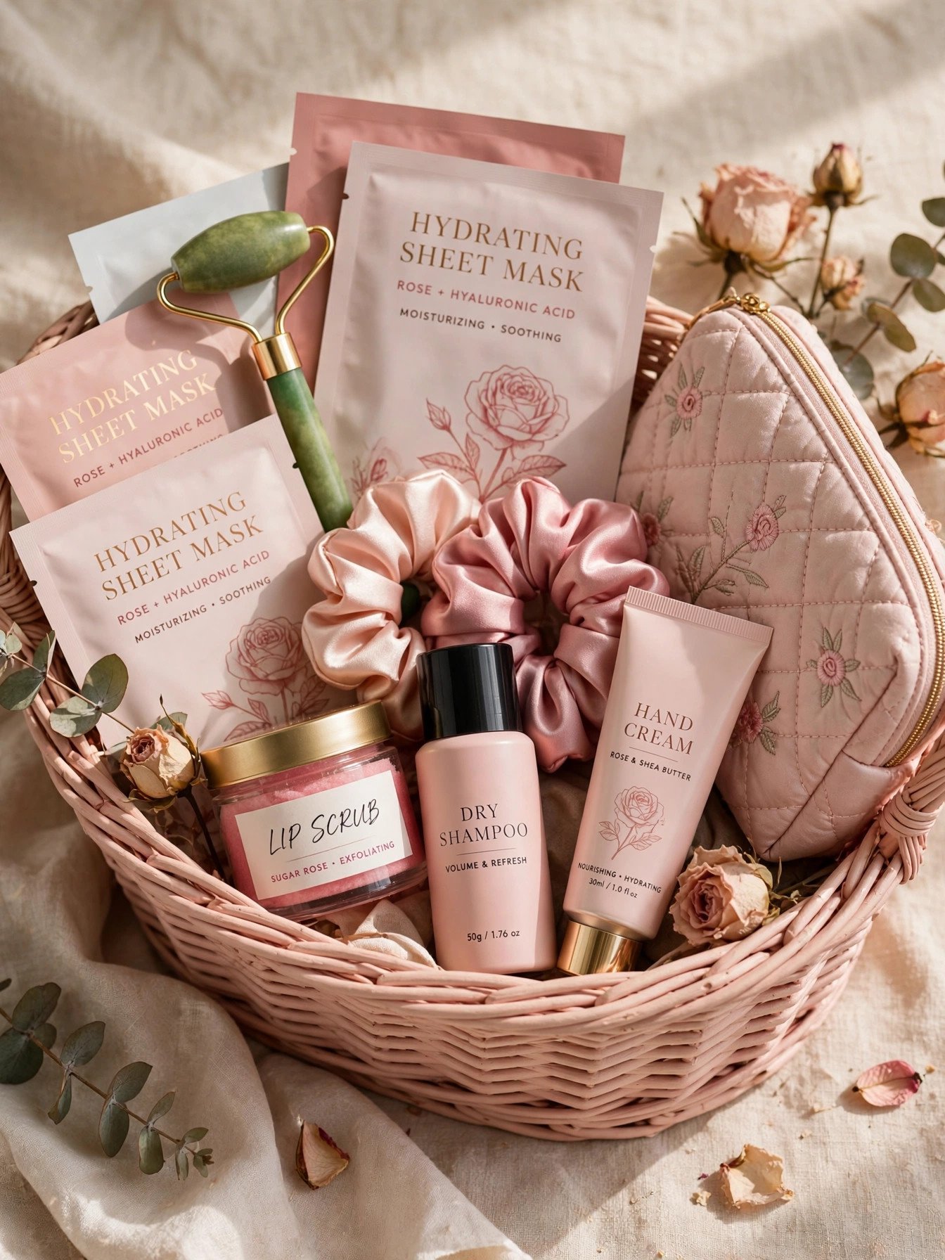 Beauty and self-care bridal shower gift basket with jade roller, sheet masks, lip scrub and silk scrunchies