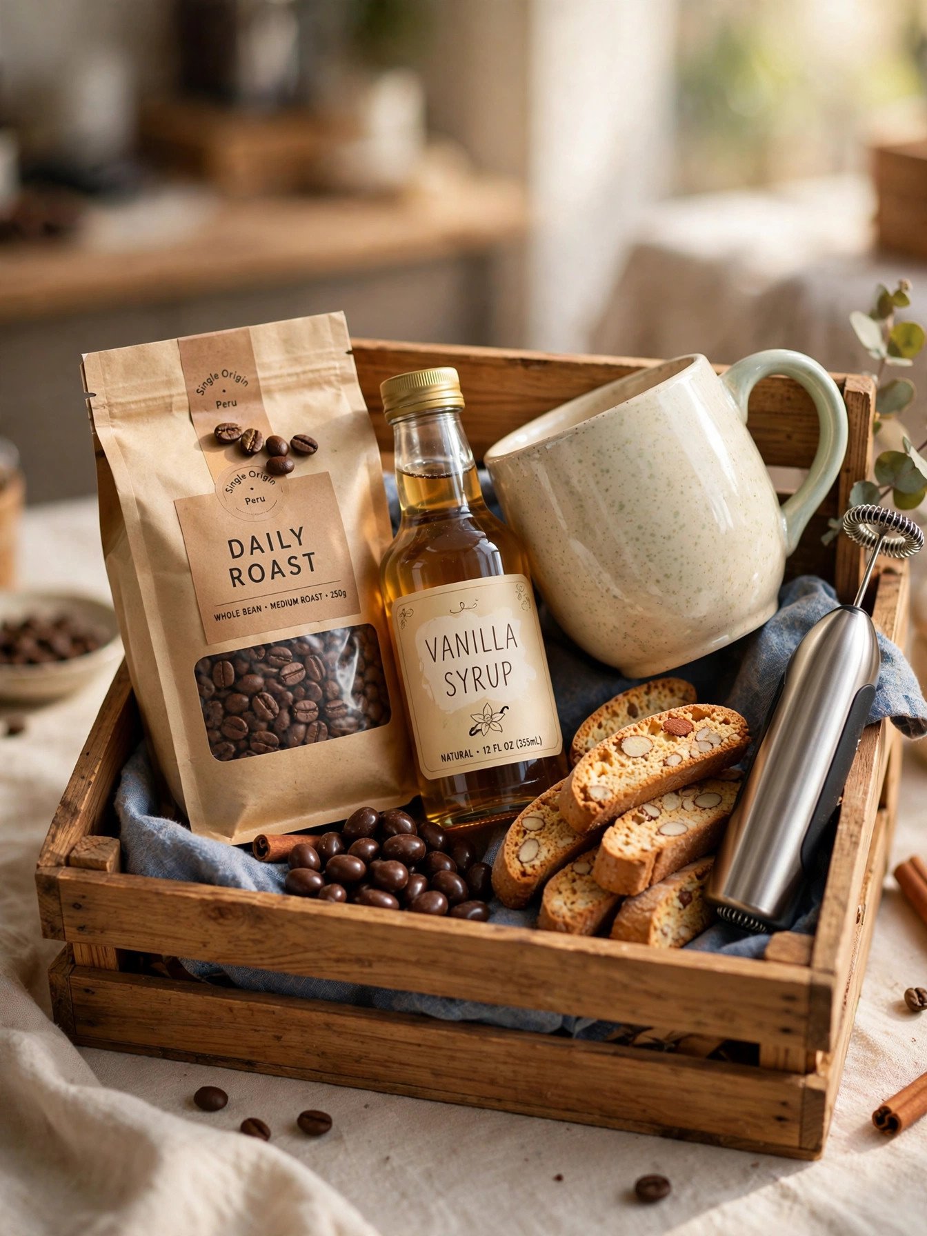 Coffee lover's bridal shower gift basket with coffee beans, cute mug, syrup, biscotti and milk frother