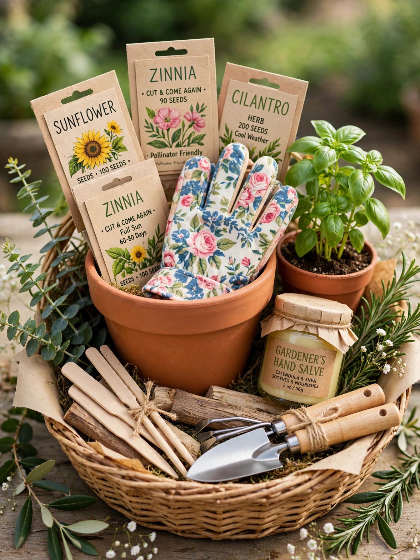 Gardener's bridal shower gift basket with seed packets, gloves, potted herb, trowel set and watering can