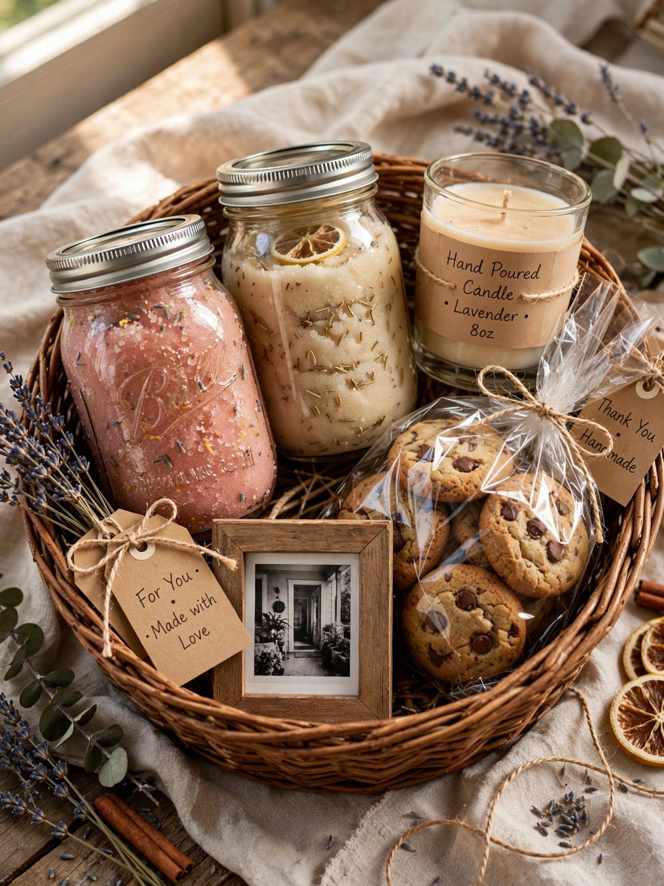 Budget DIY bridal shower gift basket with mason jar sugar scrub, hand-poured candle, baked treats and kraft tags