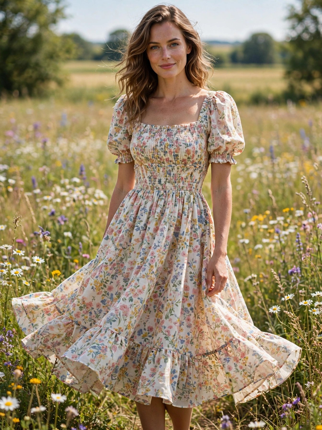 Woman in a floral prairie midi dress with puff sleeves at a country wedding