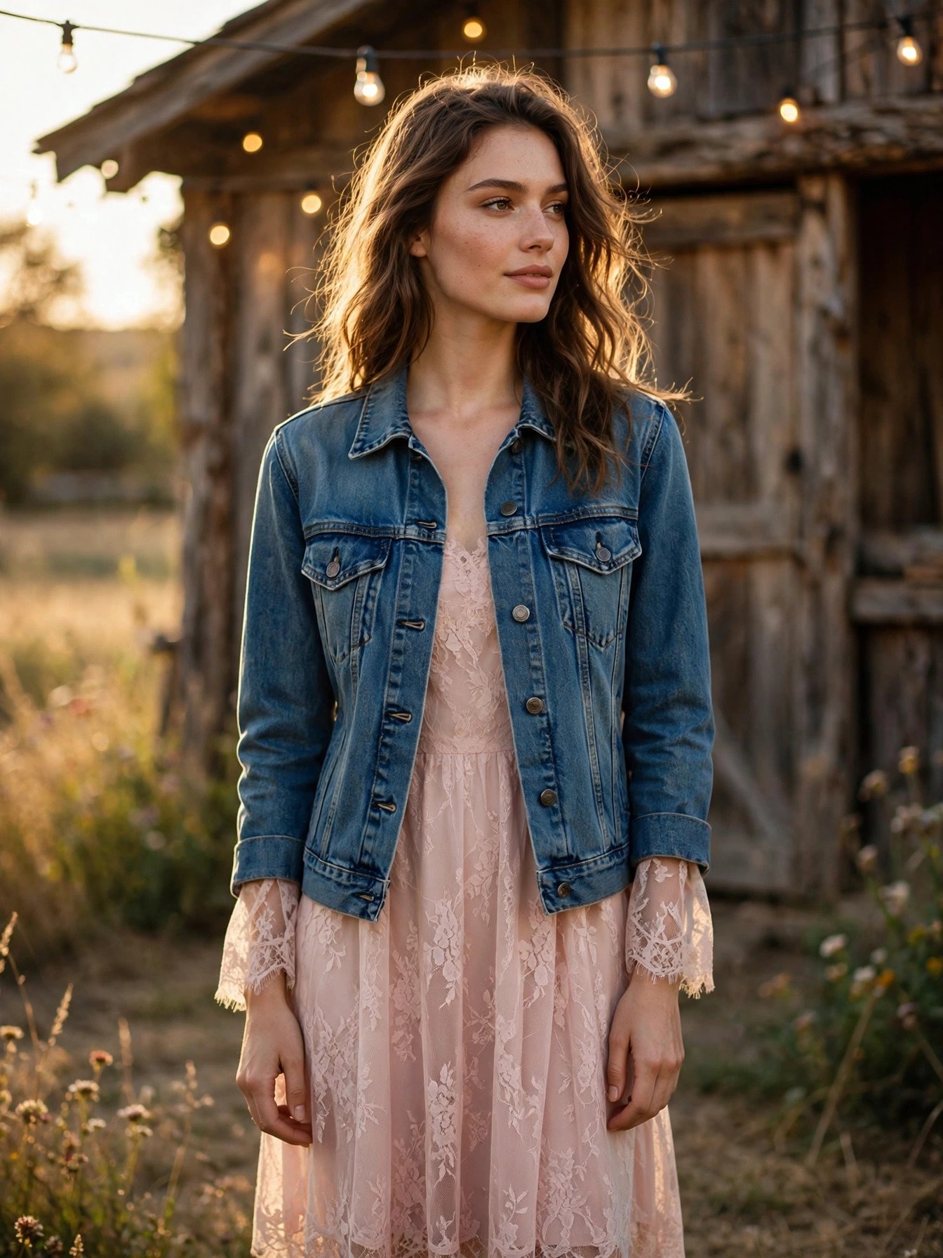 Woman wearing a denim jacket over a white lace dress at a barn wedding
