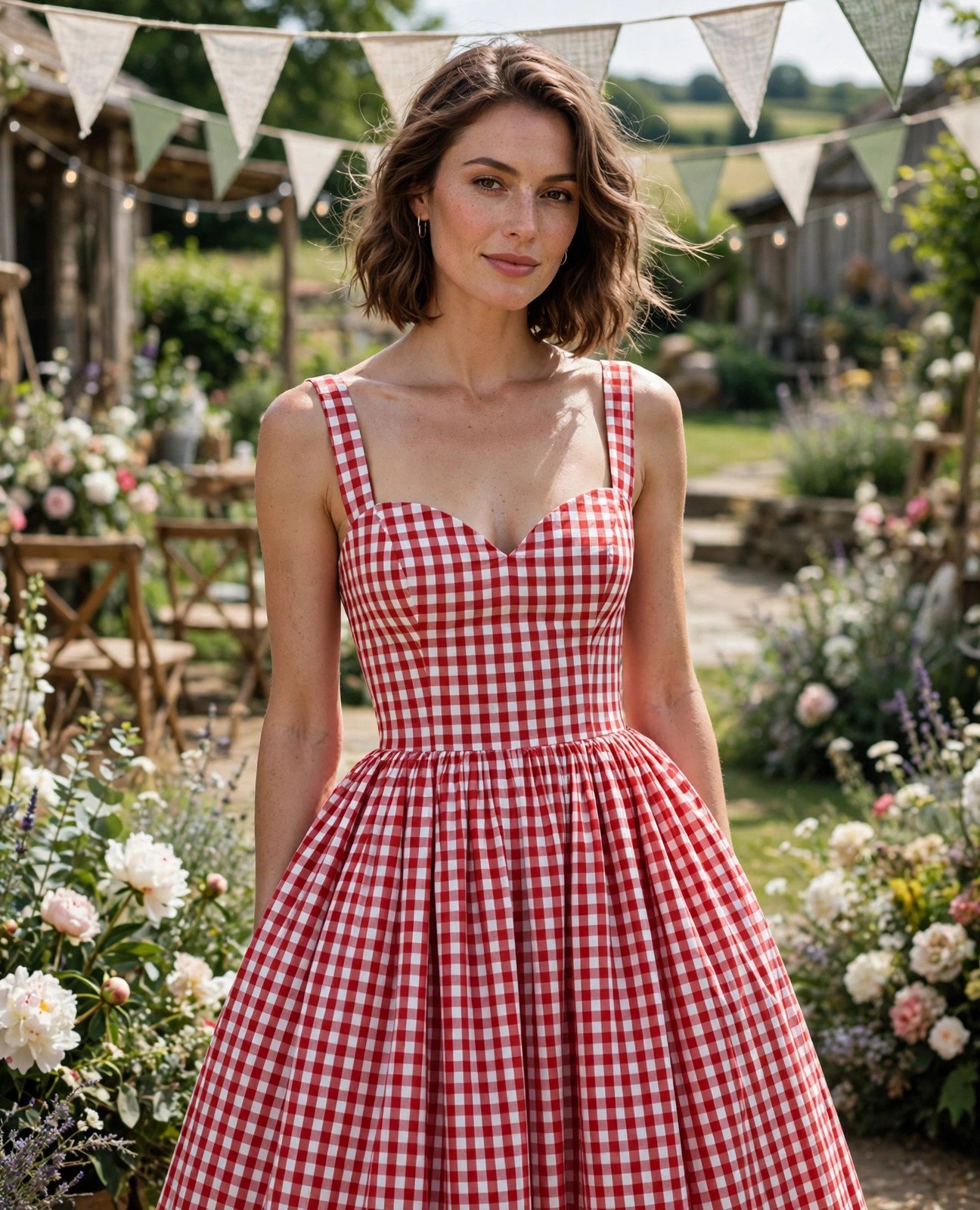 Woman in a red and white gingham sundress at an outdoor country wedding