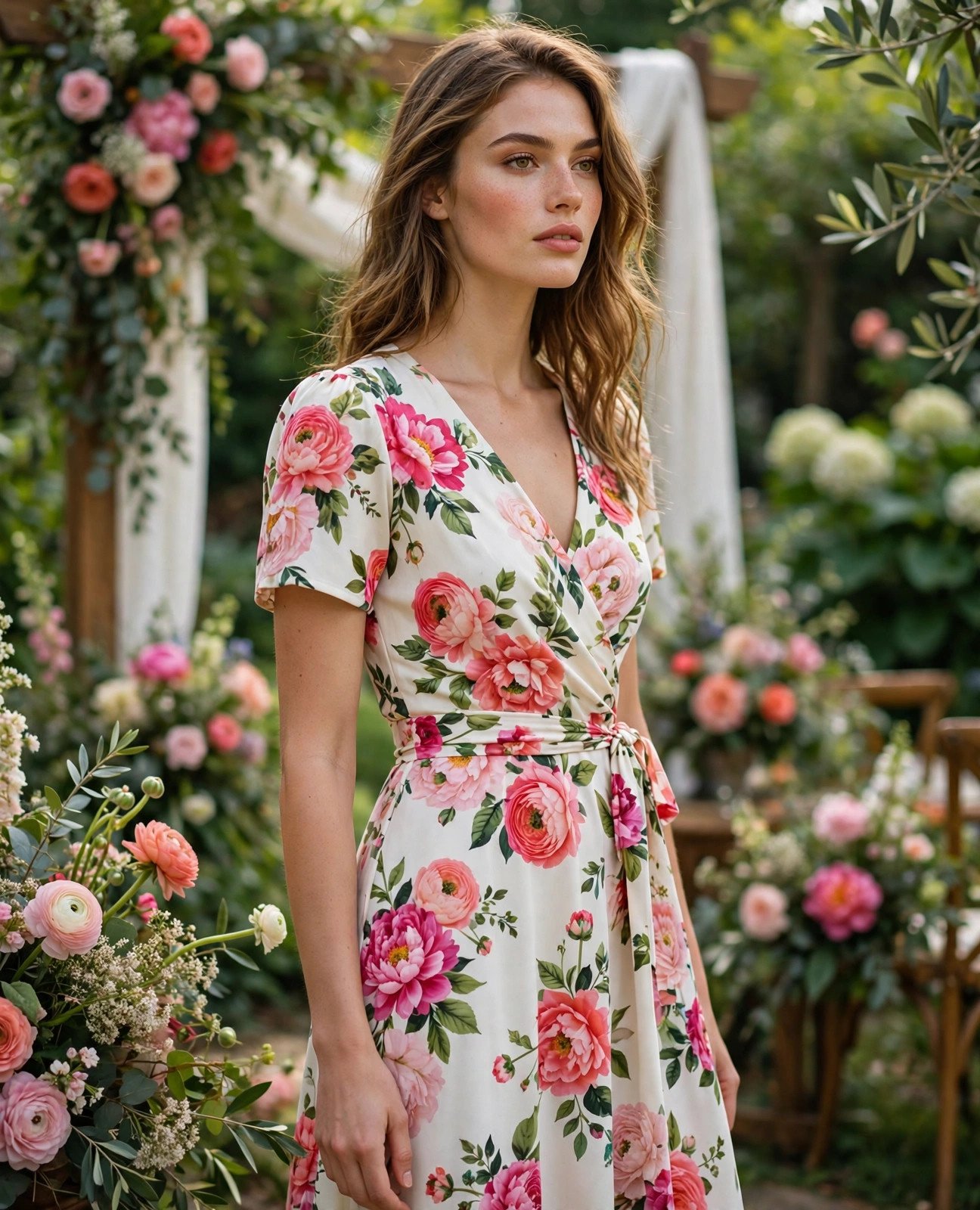 Woman in an ivory midi dress with colorful floral print at a garden wedding