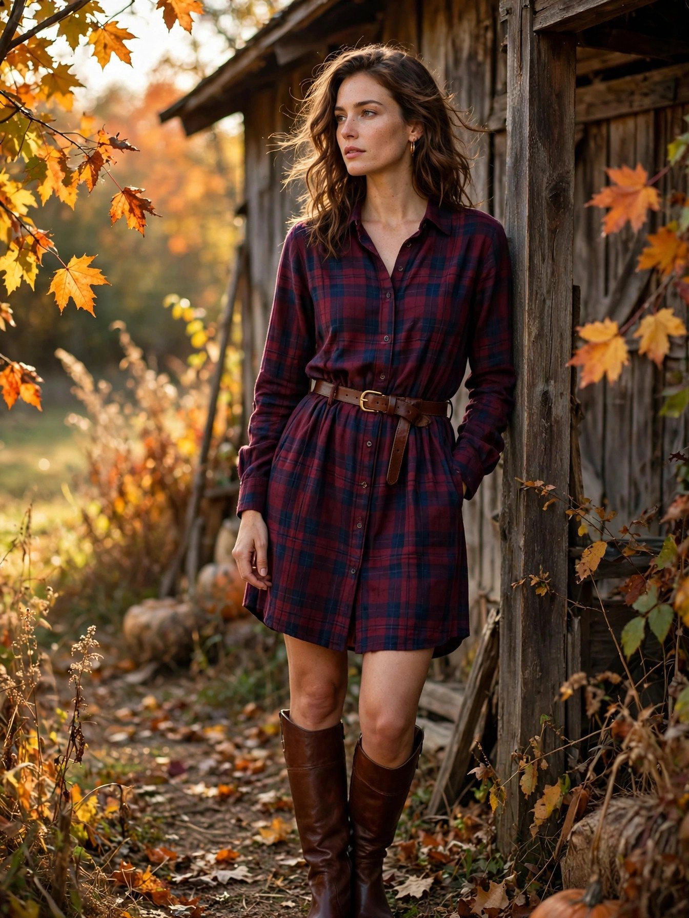 Woman in a burgundy plaid fall dress with knee-high boots at an autumn barn wedding