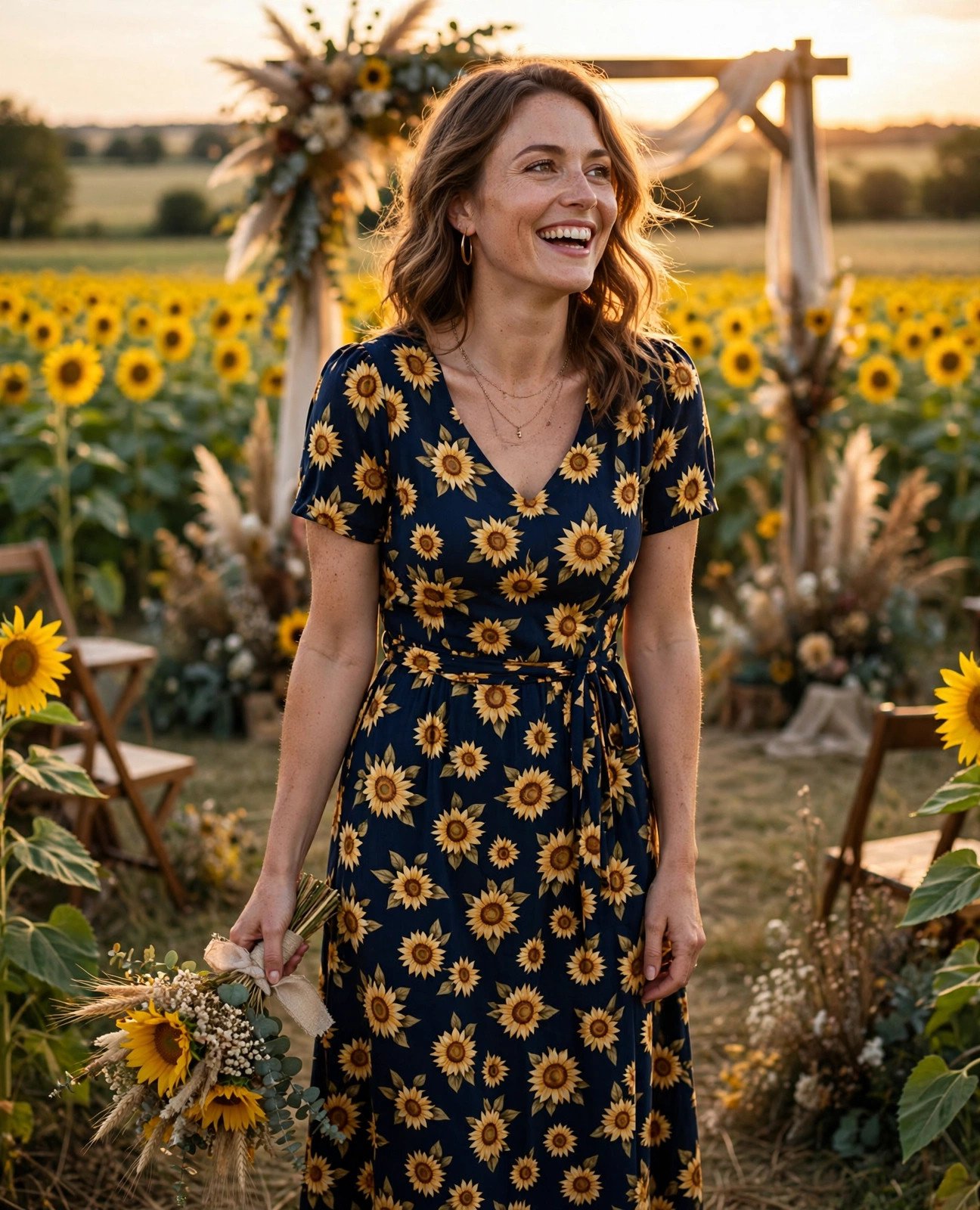 Woman in a yellow sunflower print dress in a sunflower field at a country wedding