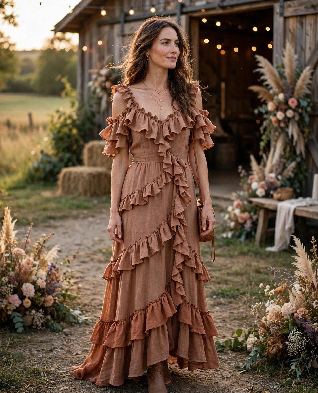 Woman twirling in a rustic ruffle dress at a countryside wedding