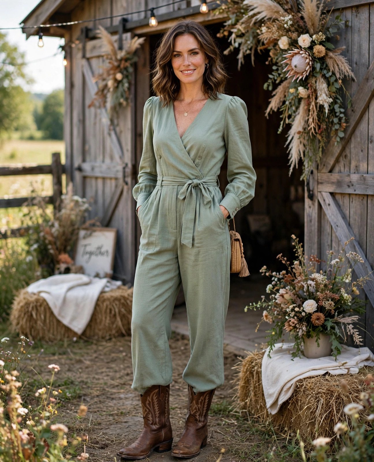 Woman in an elegant wide-leg jumpsuit and heeled booties at a barn wedding