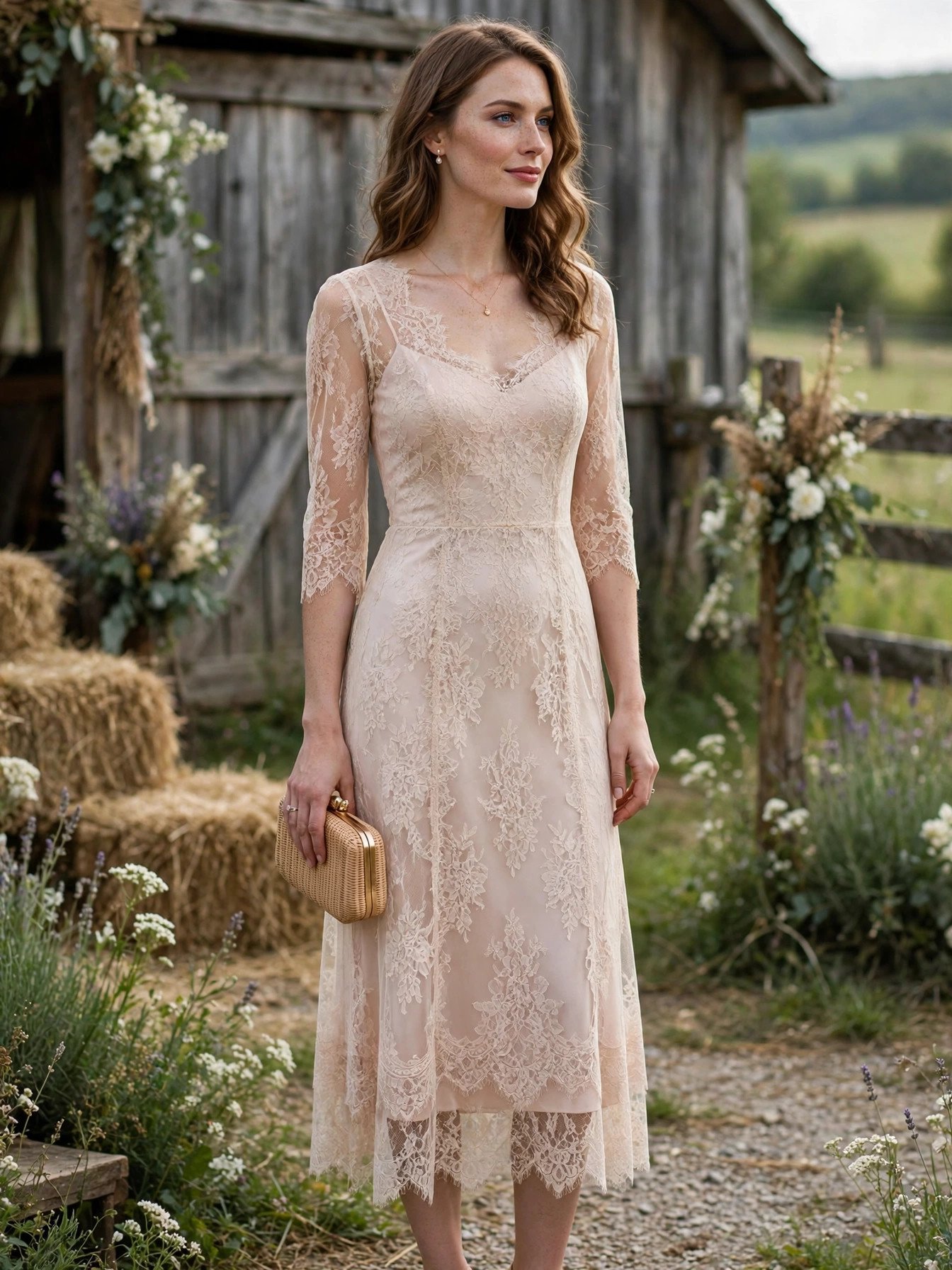 Woman in a blush lace overlay midi dress at a romantic barn wedding