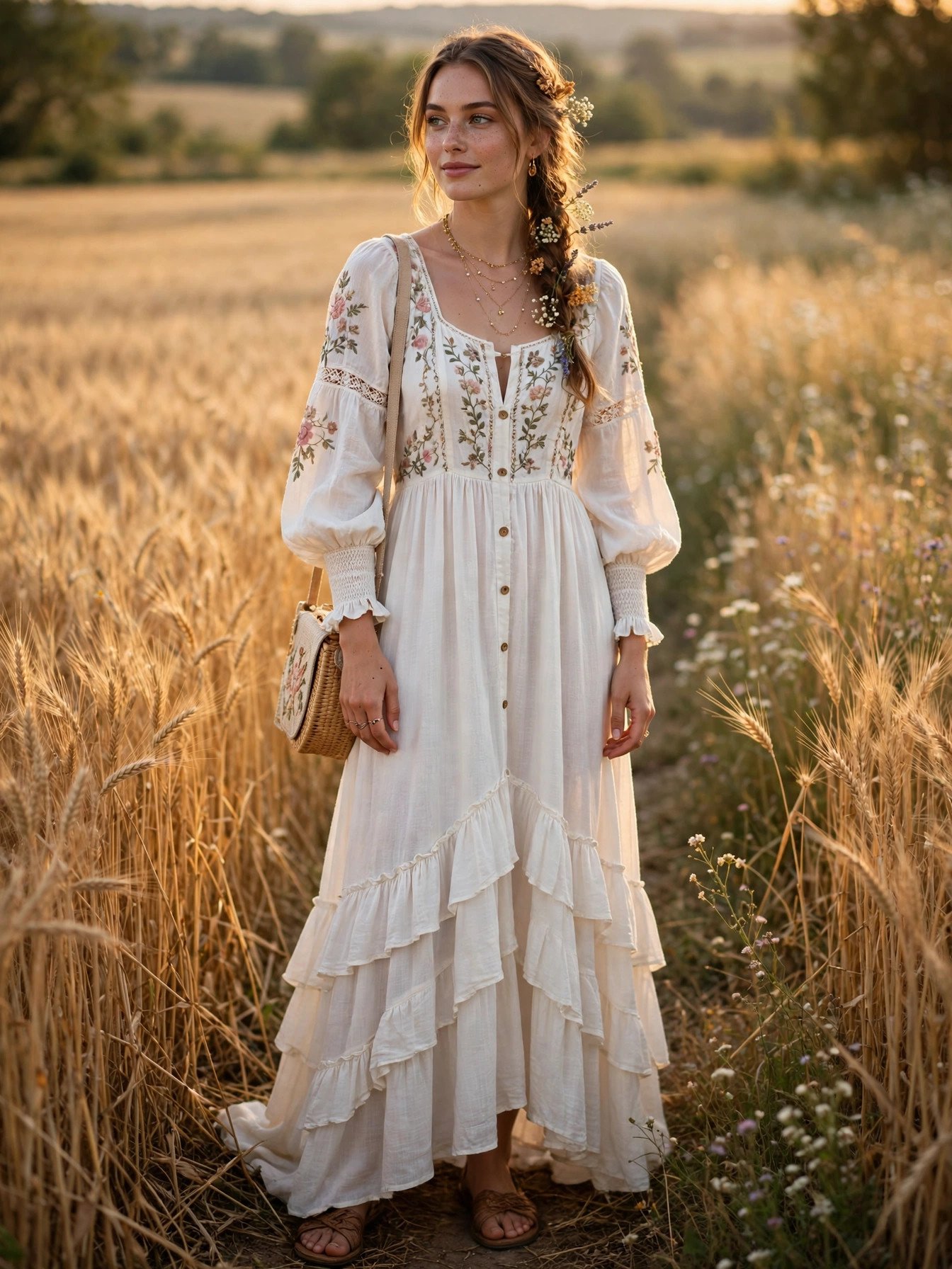 Woman in an embroidered boho peasant dress at an outdoor country wedding