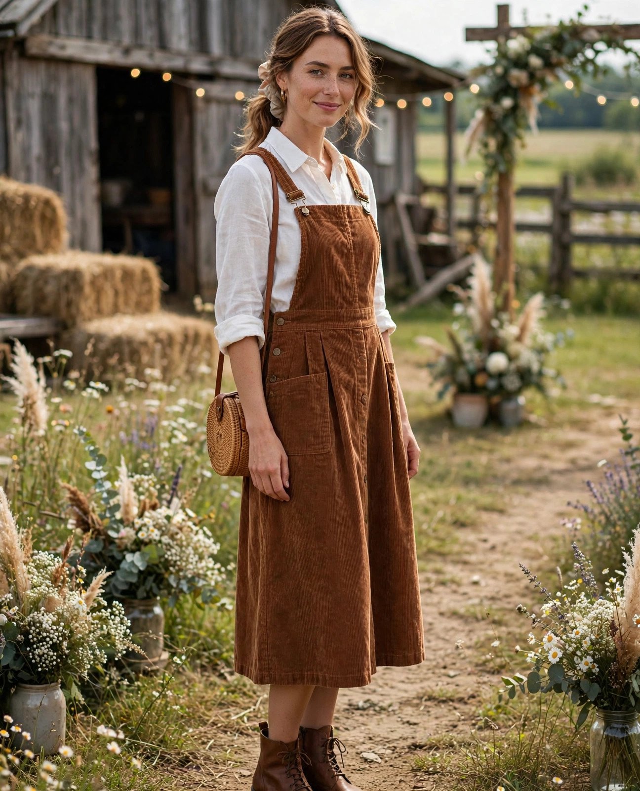Woman in a rust corduroy pinafore dress layered over a cream blouse at a fall wedding