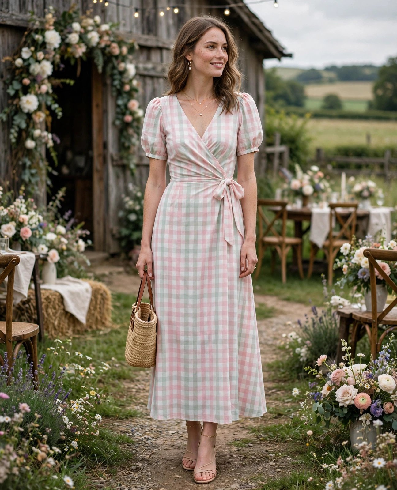 Woman in a pastel pink gingham dress at a spring garden wedding
