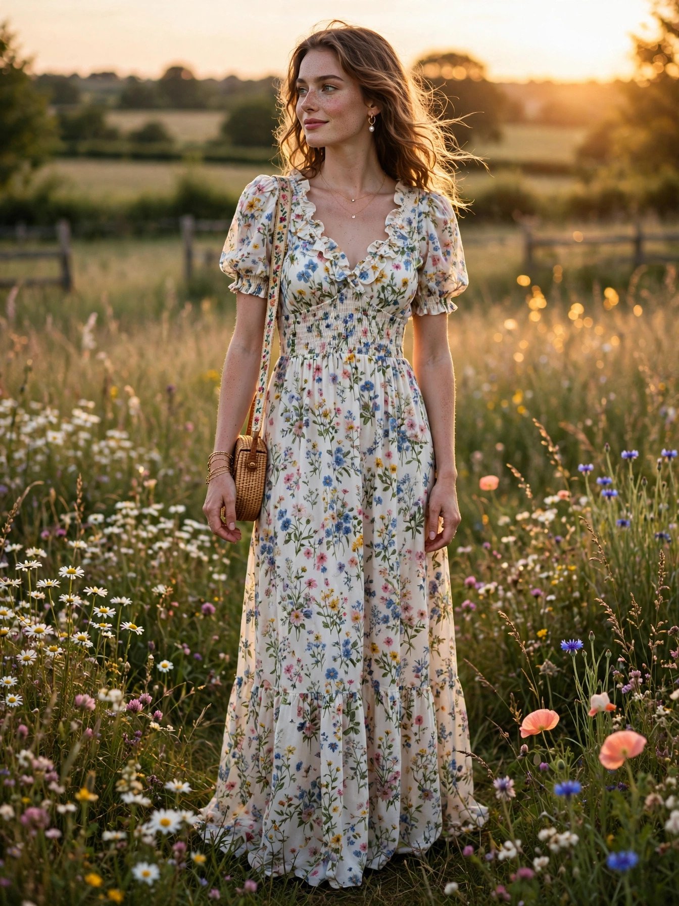 Woman in a wildflower print maxi dress in a meadow at a country wedding