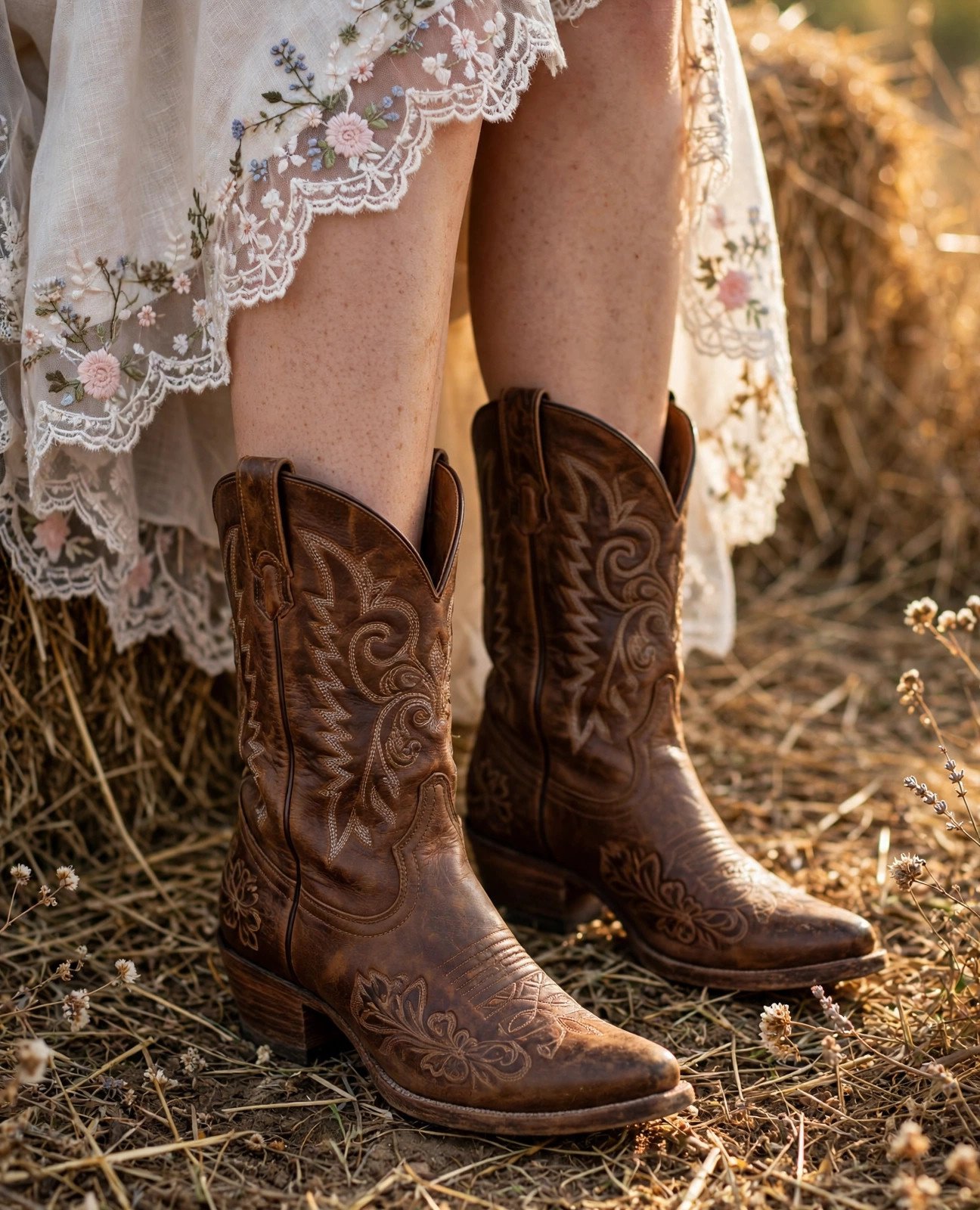 Close-up of embroidered cowboy boots paired with a floral dress hem on a barn floor