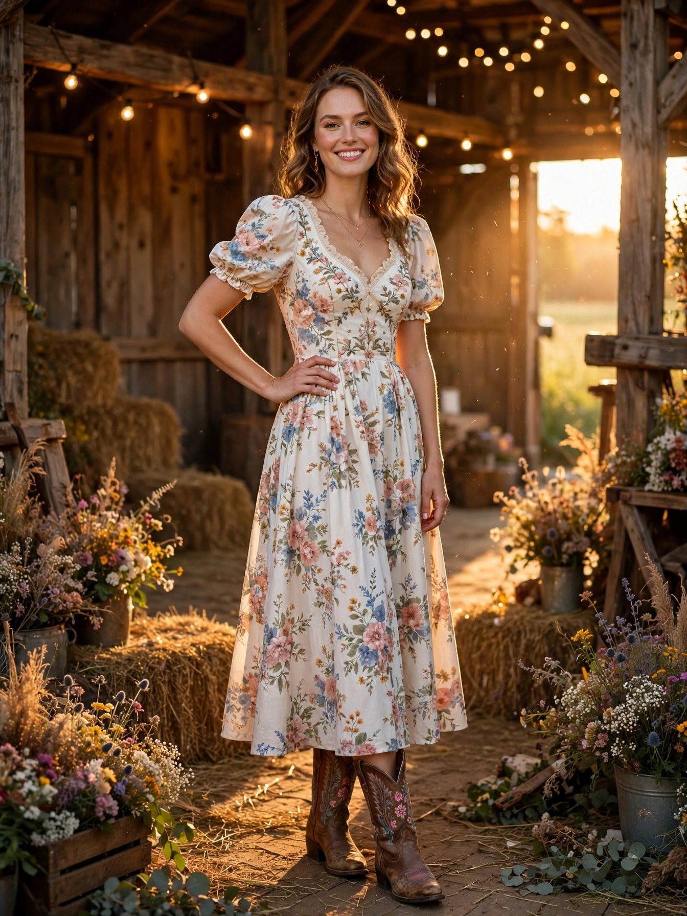 Woman in a floral country wedding guest dress and cowboy boots at a rustic barn wedding