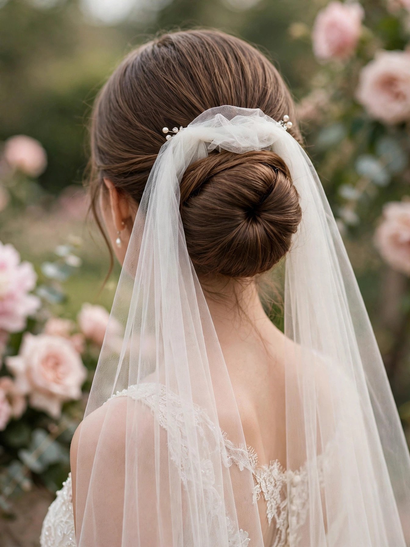 Bride with a polished low chignon at the nape and a fingertip veil placed above the bun