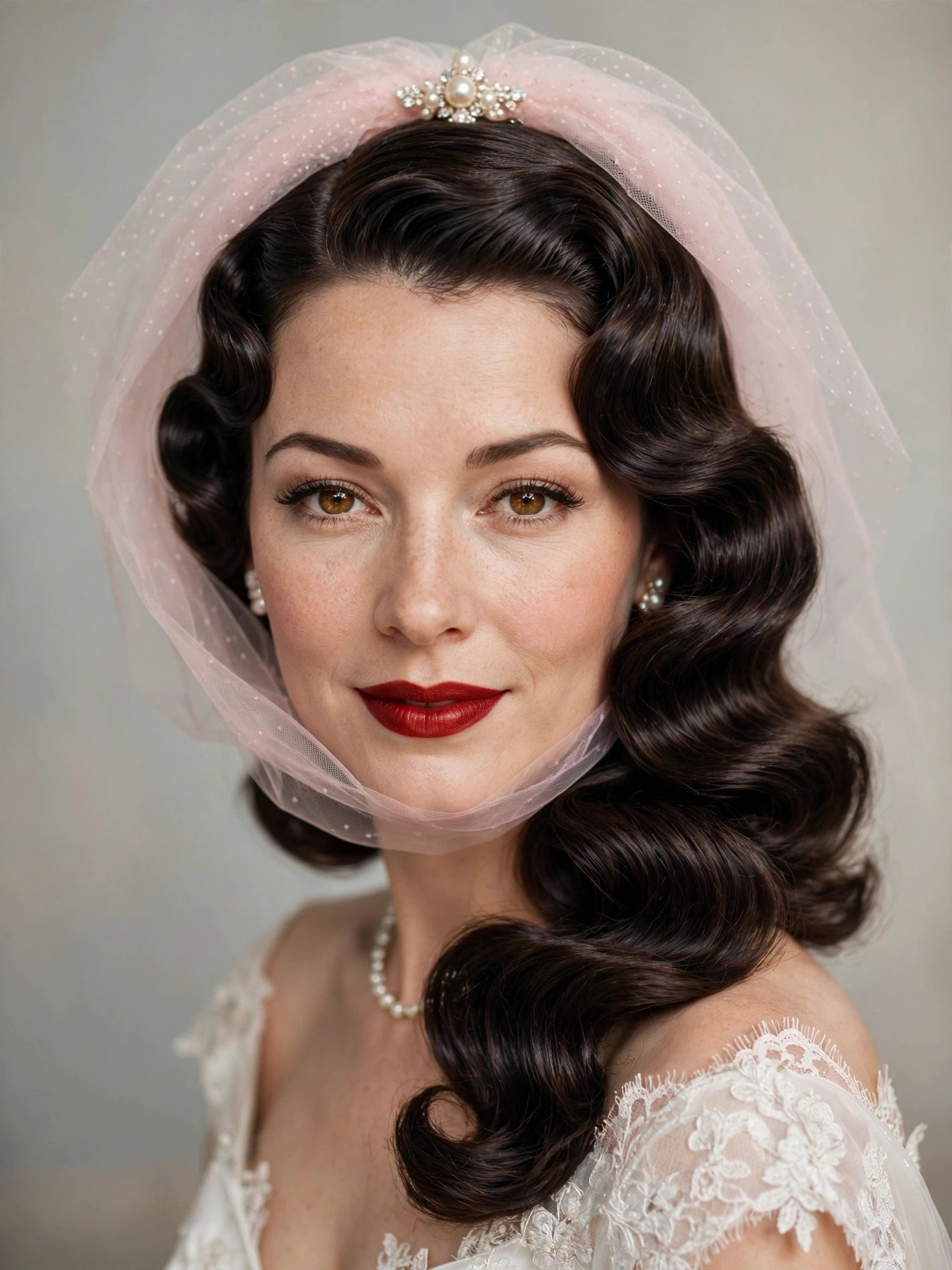 Bride with glamorous old-Hollywood waves and a short blusher veil at the crown