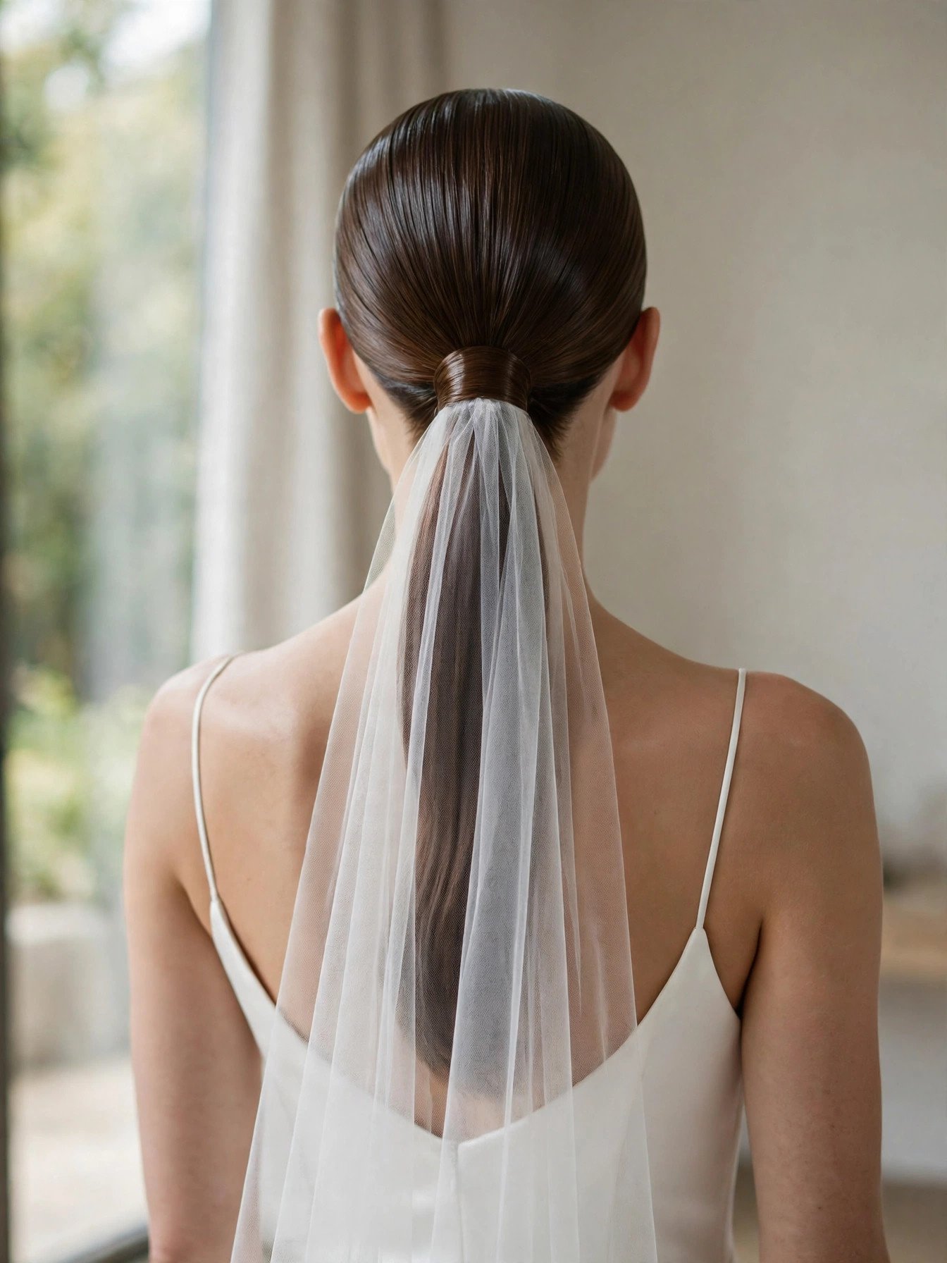 Bride with a sleek polished low ponytail and a fingertip veil placed over the ponytail base