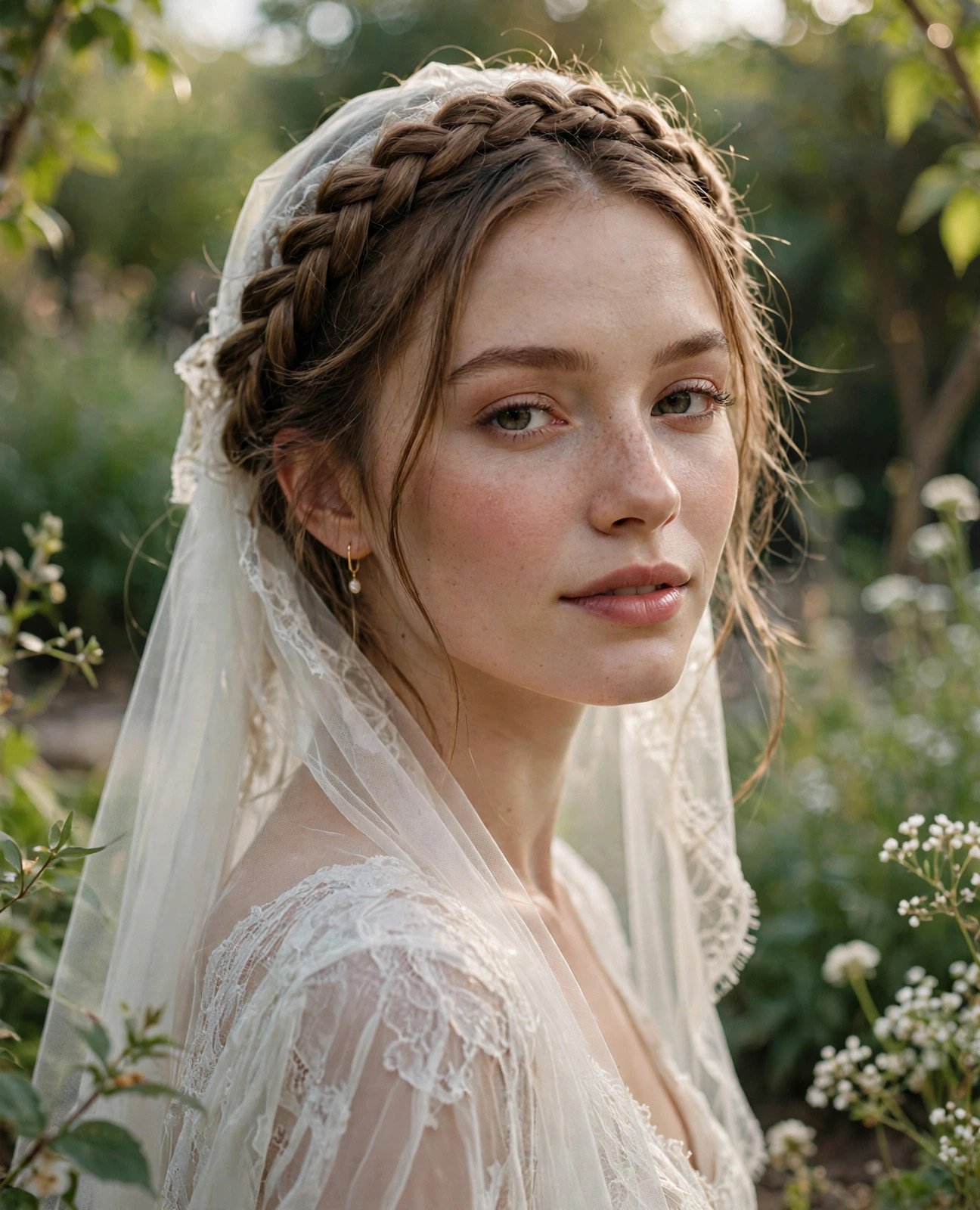 Bride with a romantic braided crown and a chapel-length veil tucked beneath the braid