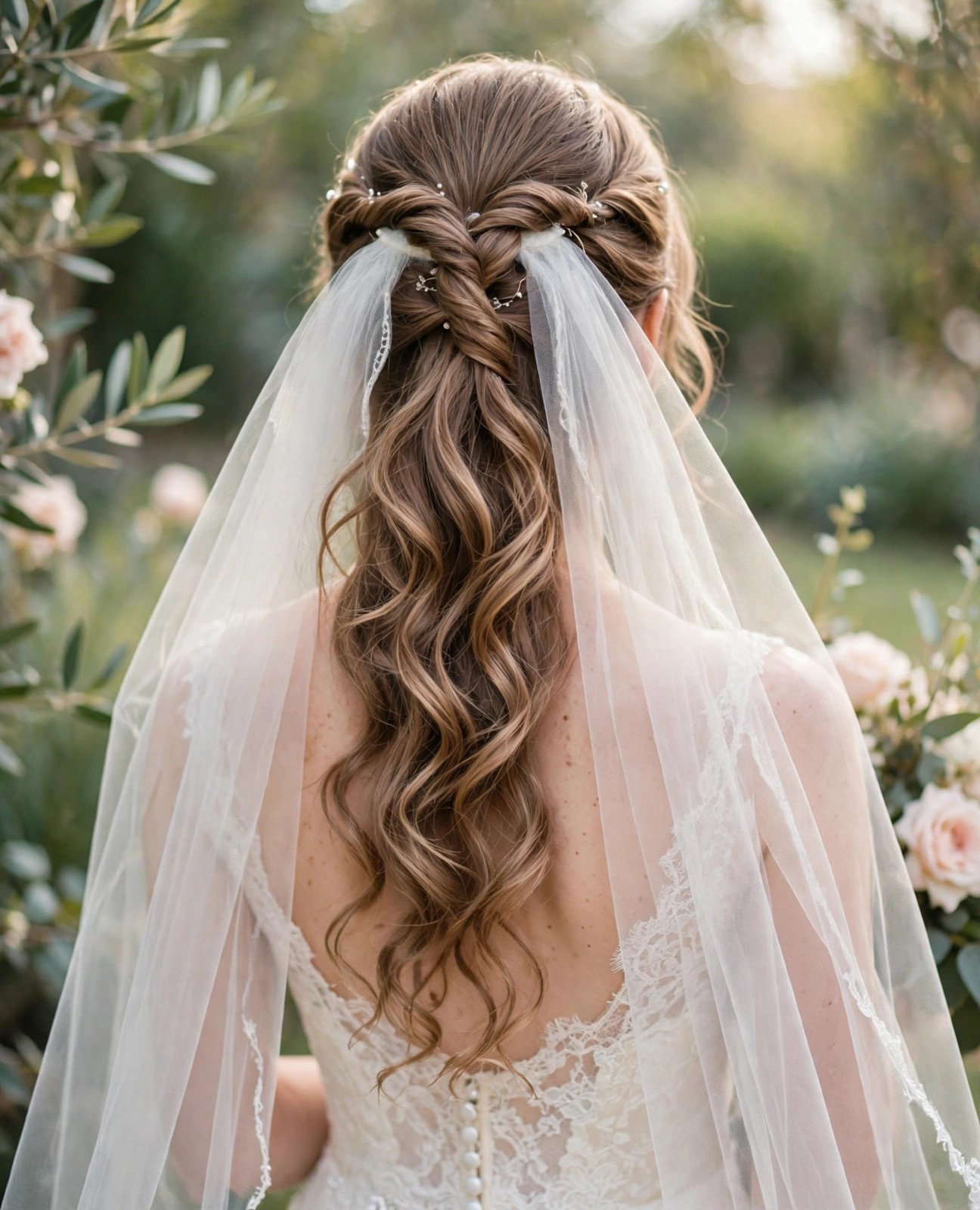 Bride with a romantic half-up half-down hairstyle with twisted sections and a fingertip veil at the crown