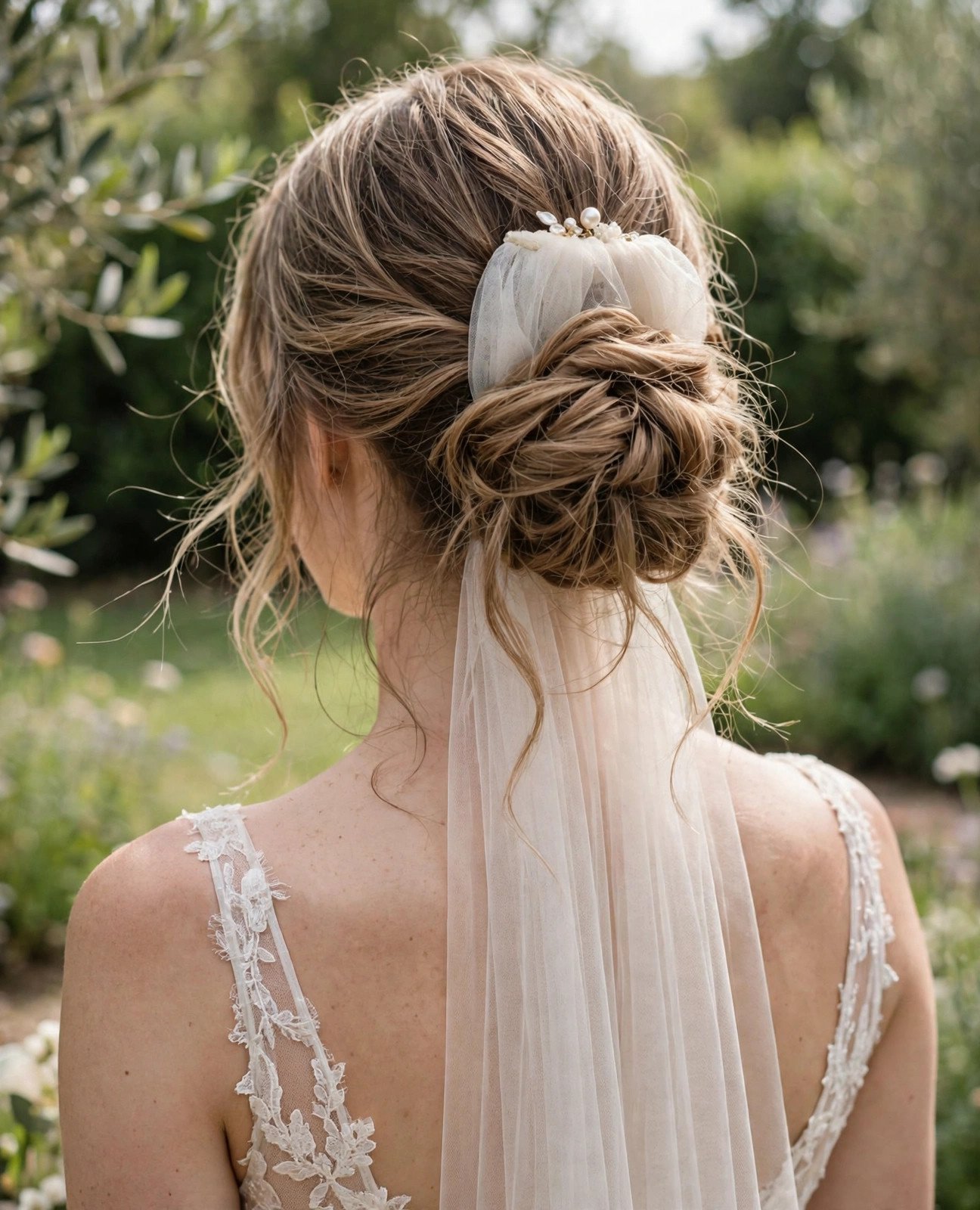 Bride with a soft textured low bun with loose pieces and a short blusher veil