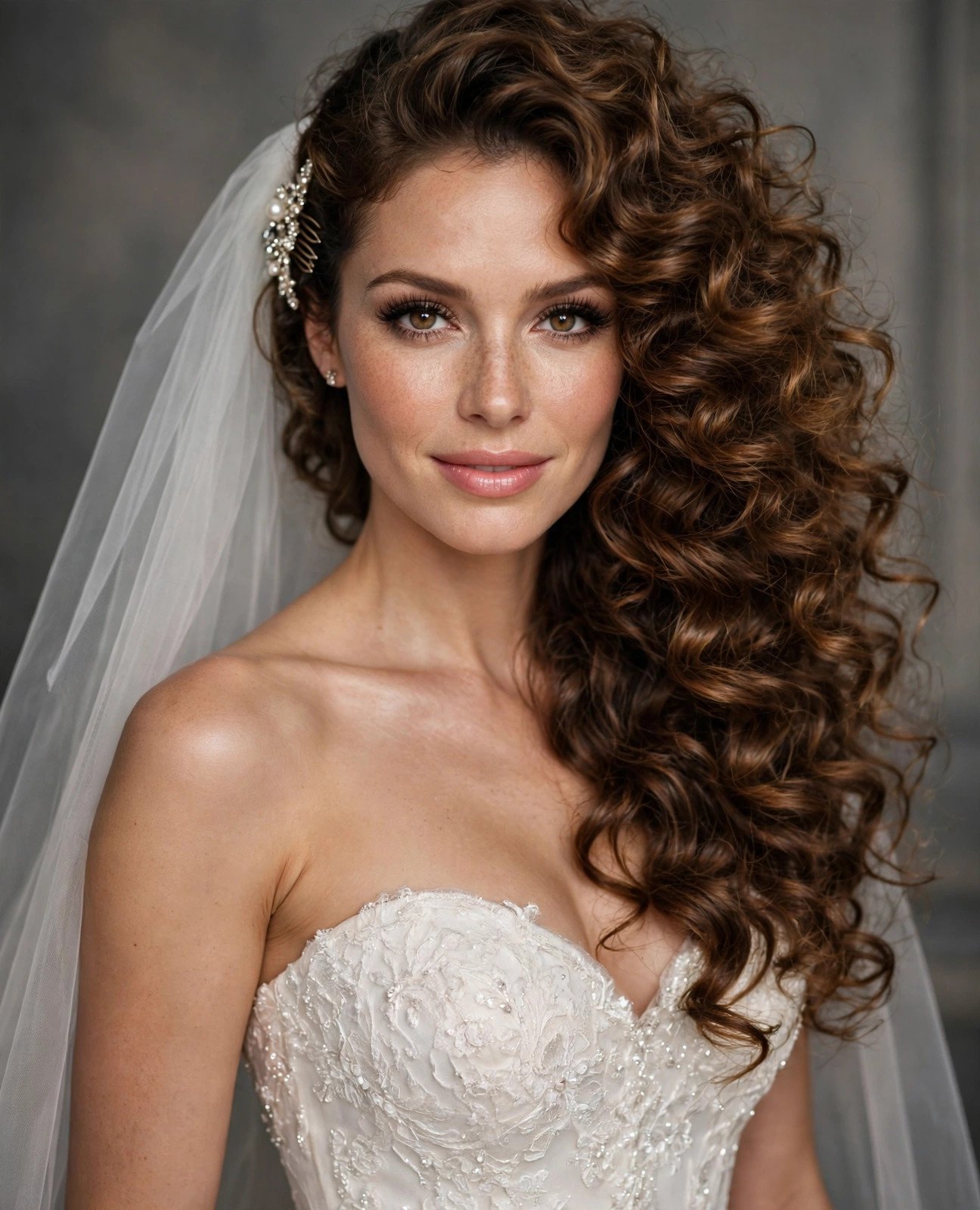 Bride with glamorous curls swept over one shoulder and a single-tier veil on the opposite side